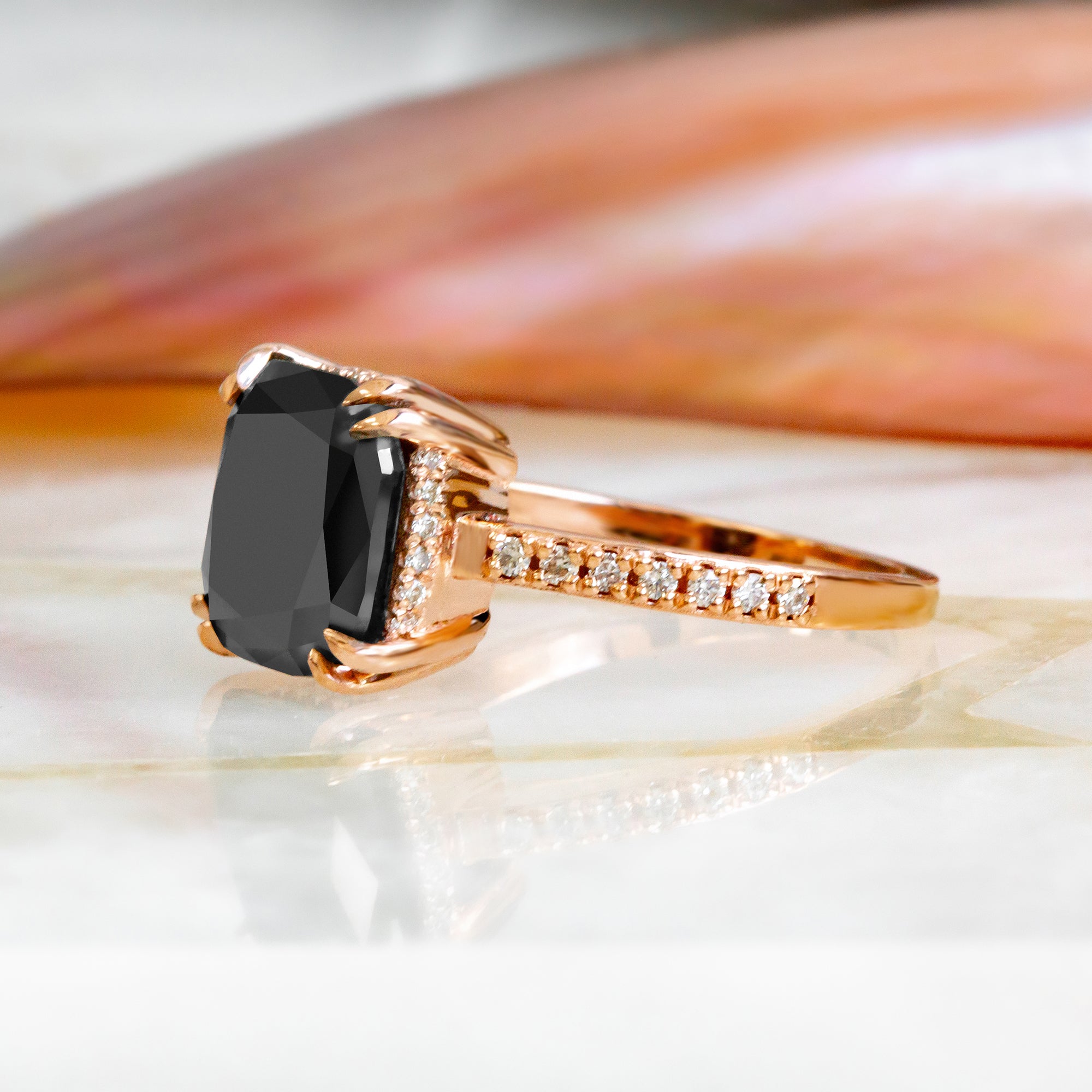 Art Deco Natural Black Diamond Cushion Engagement Ring