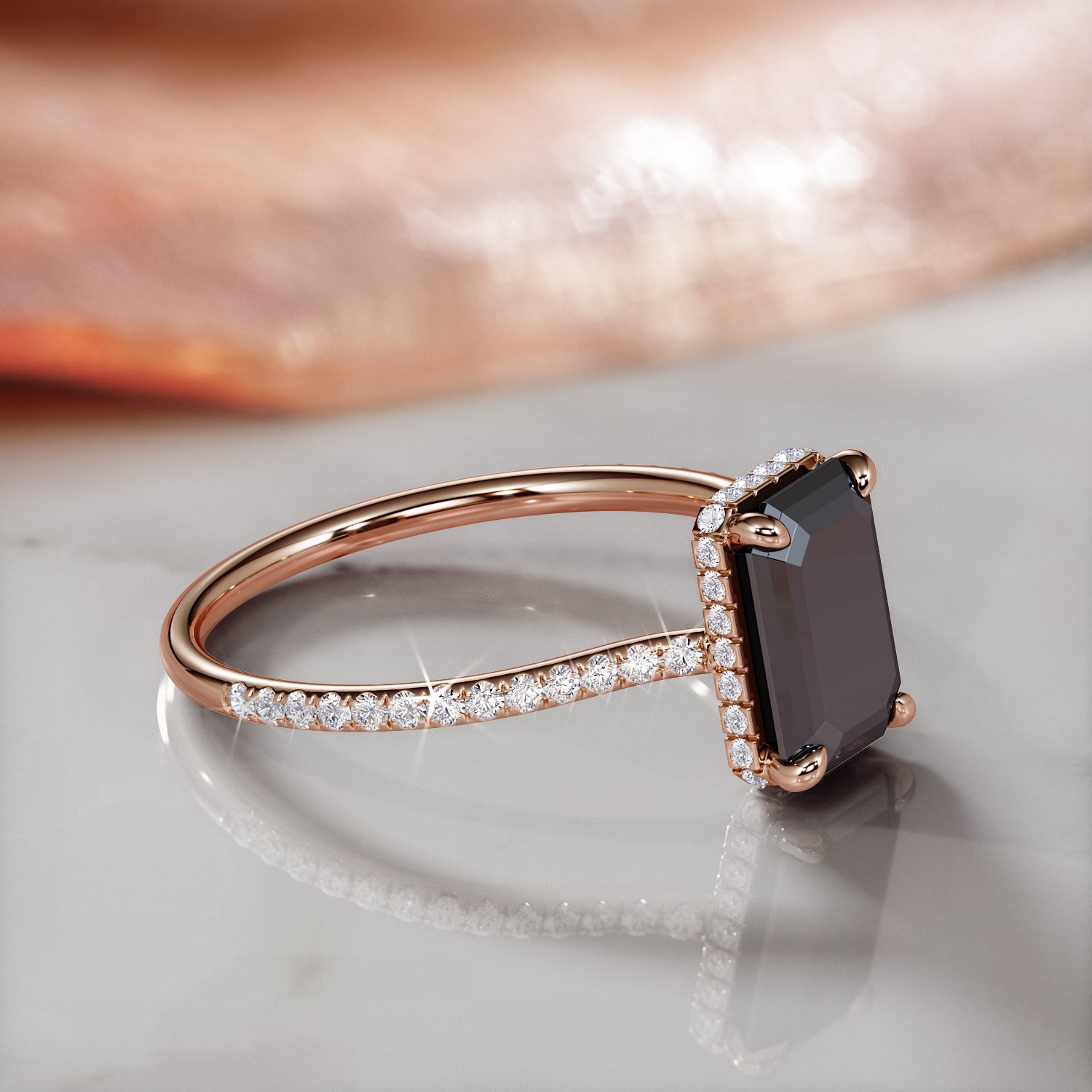 Art Deco Natural Black Diamond Emerald Cut Engagement Ring