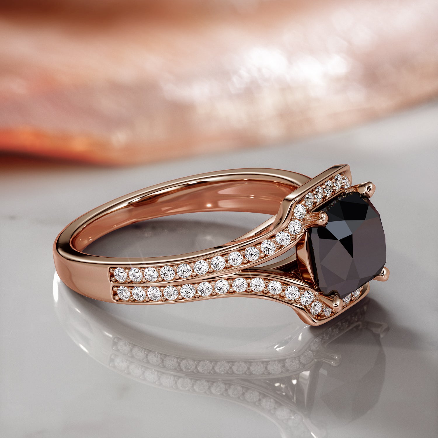 Deco Natural Black Diamond Cushion Engagement Ring