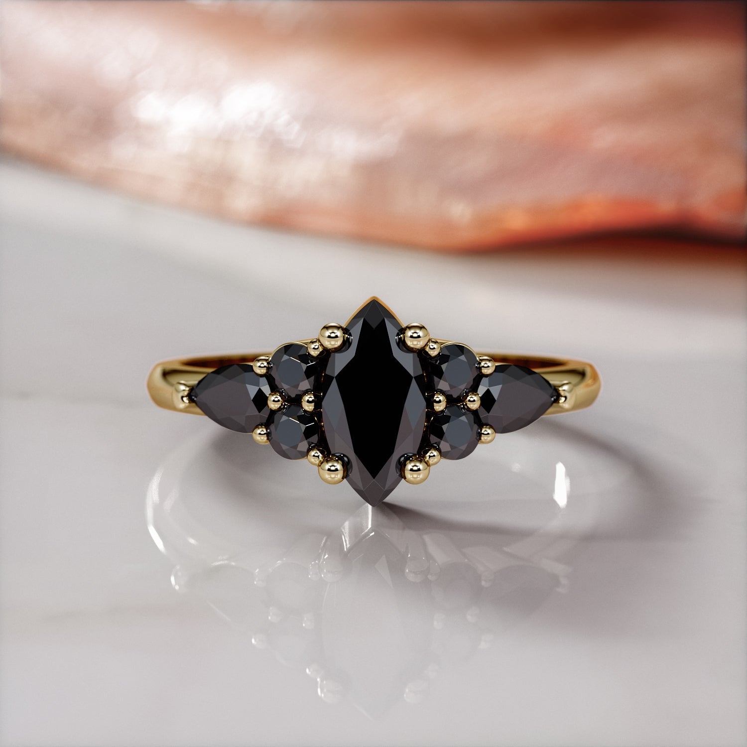 Art Deco Natural Black Diamond Marquise Engagement Ring in Yellow Gold