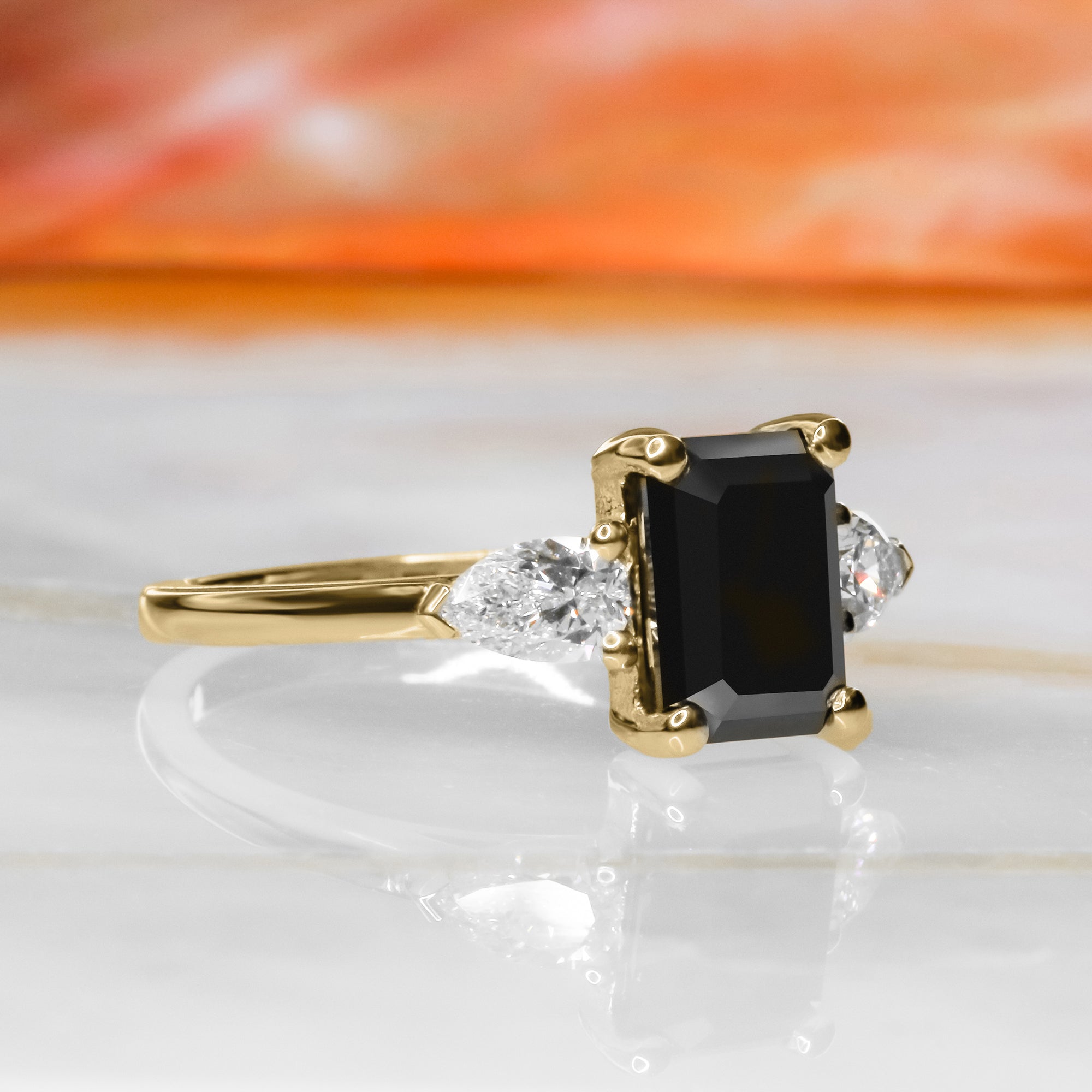 Kamari Three Stone Natural Black Diamond Emerald Cut Engagement Ring