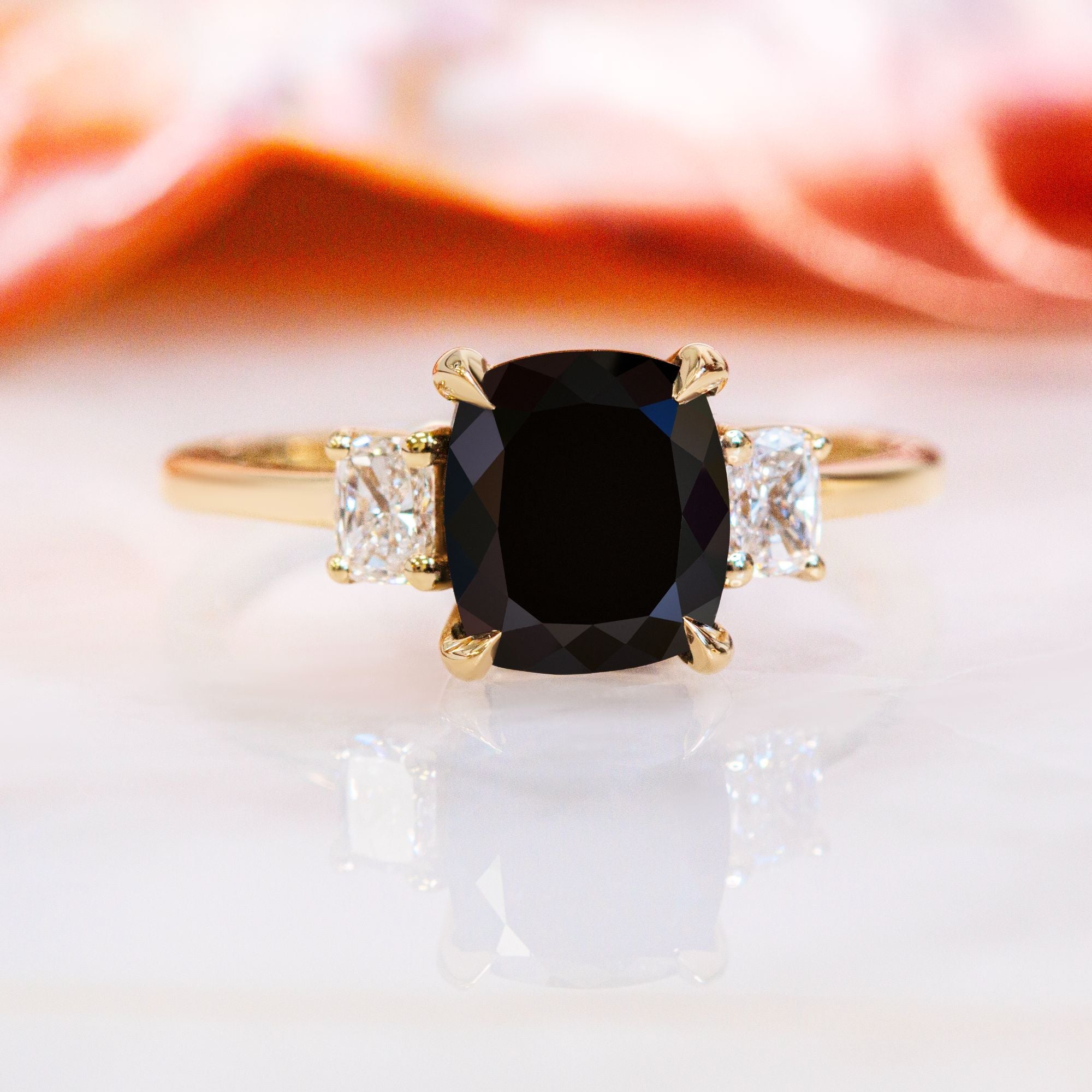 Three Stone Natural Black Diamond Cushion Engagement Ring in Yellow Gold