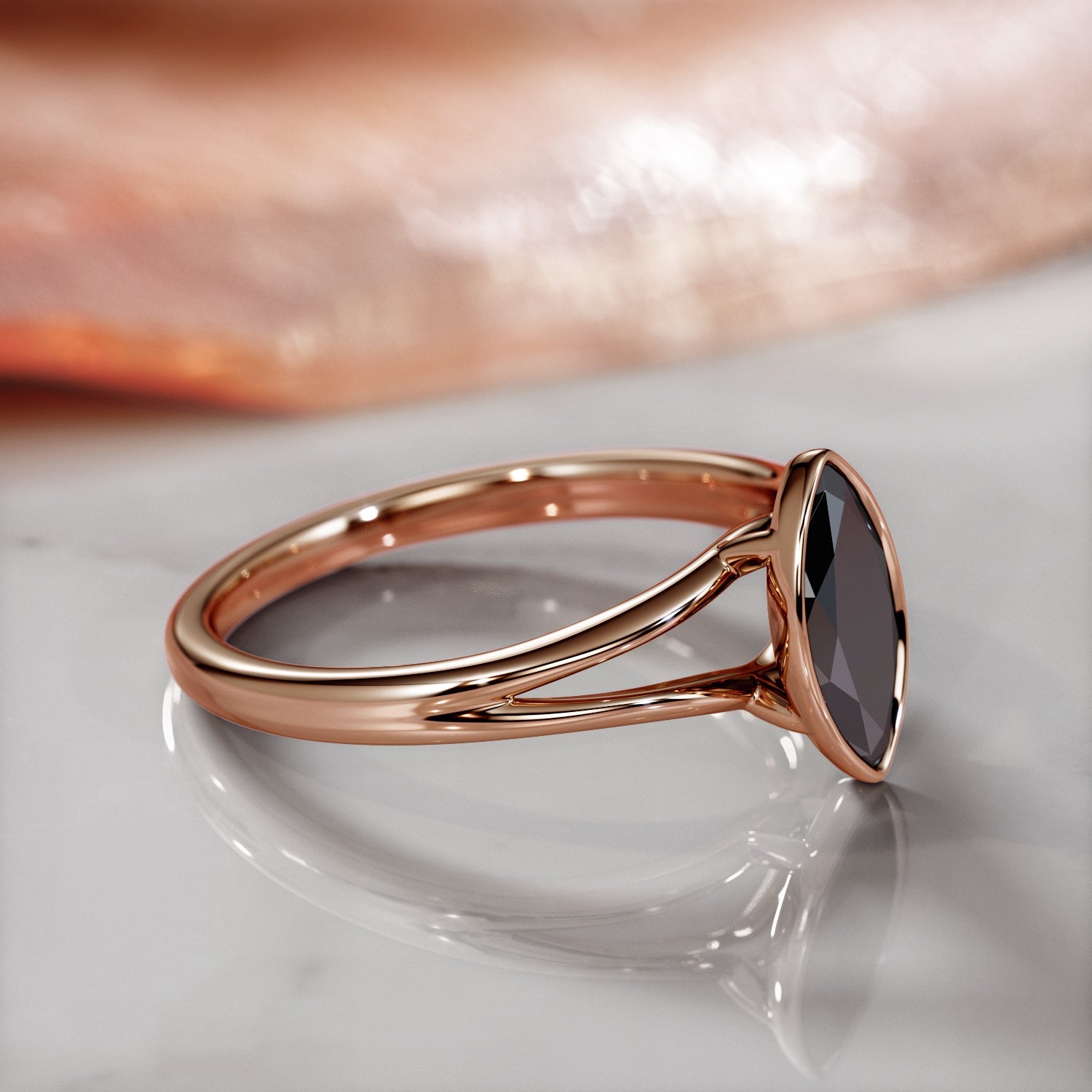 Bezel Natural Black Diamond Marquis Engagement Ring in 14K Gold