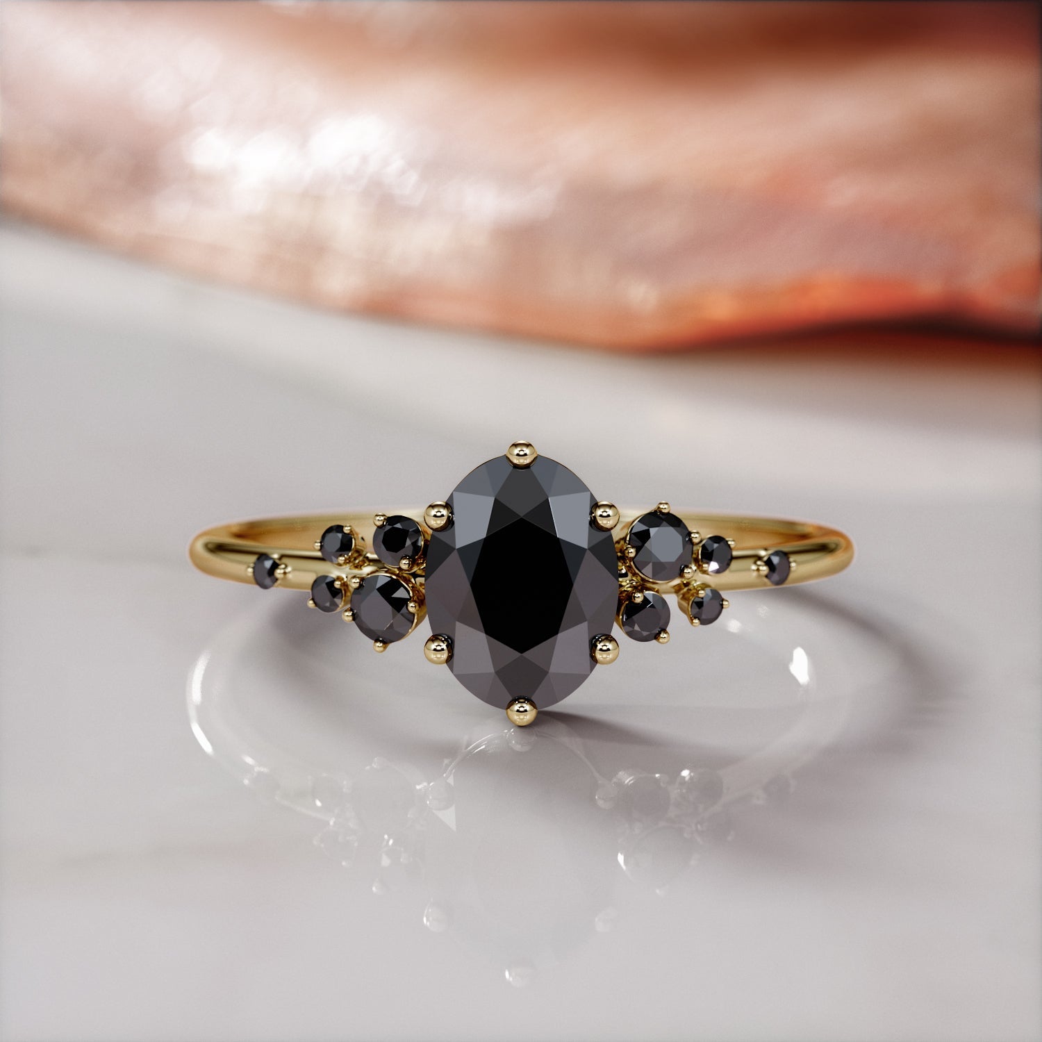 Cluster Natural Black Diamond Oval Engagement Ring in Yellow Gold