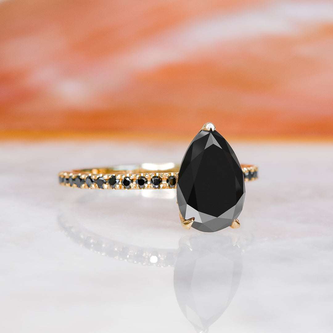 Unique Natural Black Diamond Pear Engagement Ring