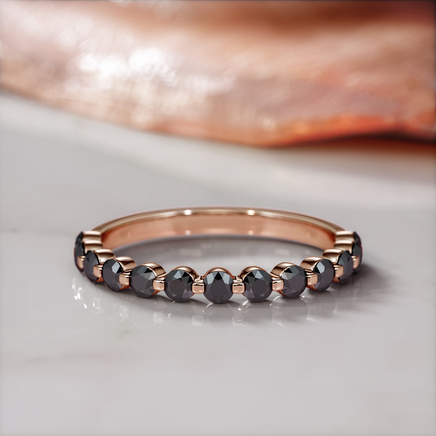 Half Eternity Natural Black Diamond Engagement Ring in Rose Gold