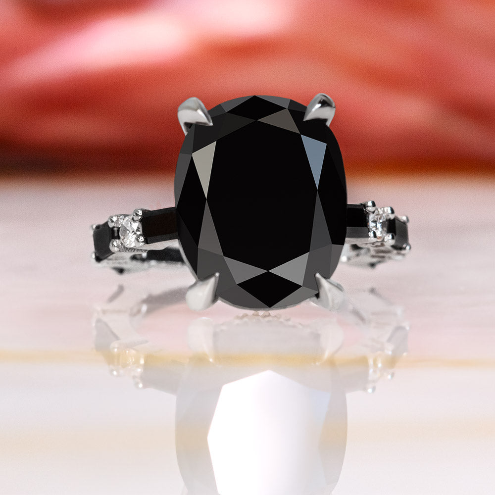 Art Deco Natural Black Diamond Oval Engagement Ring