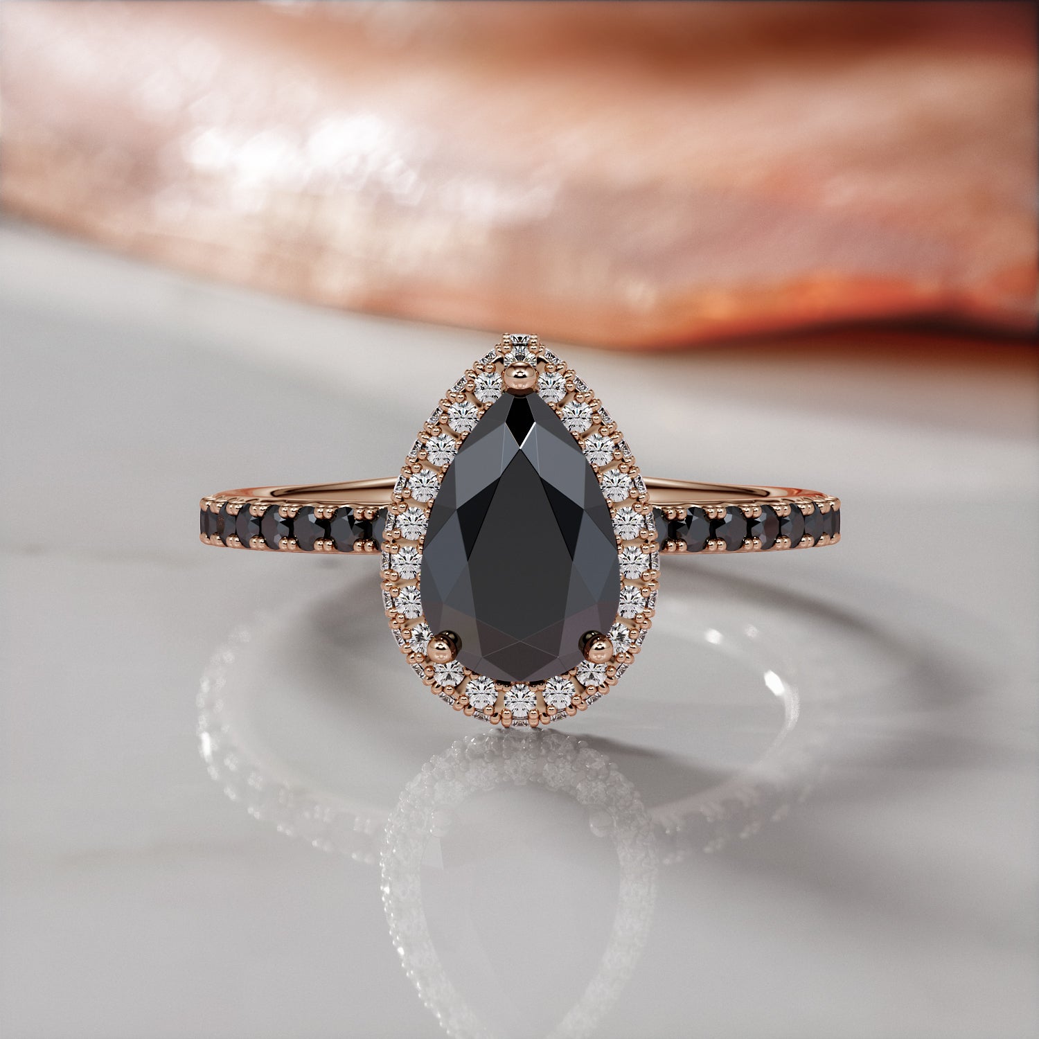 Double Halo Natural Black Diamond Pear Engagement Ring