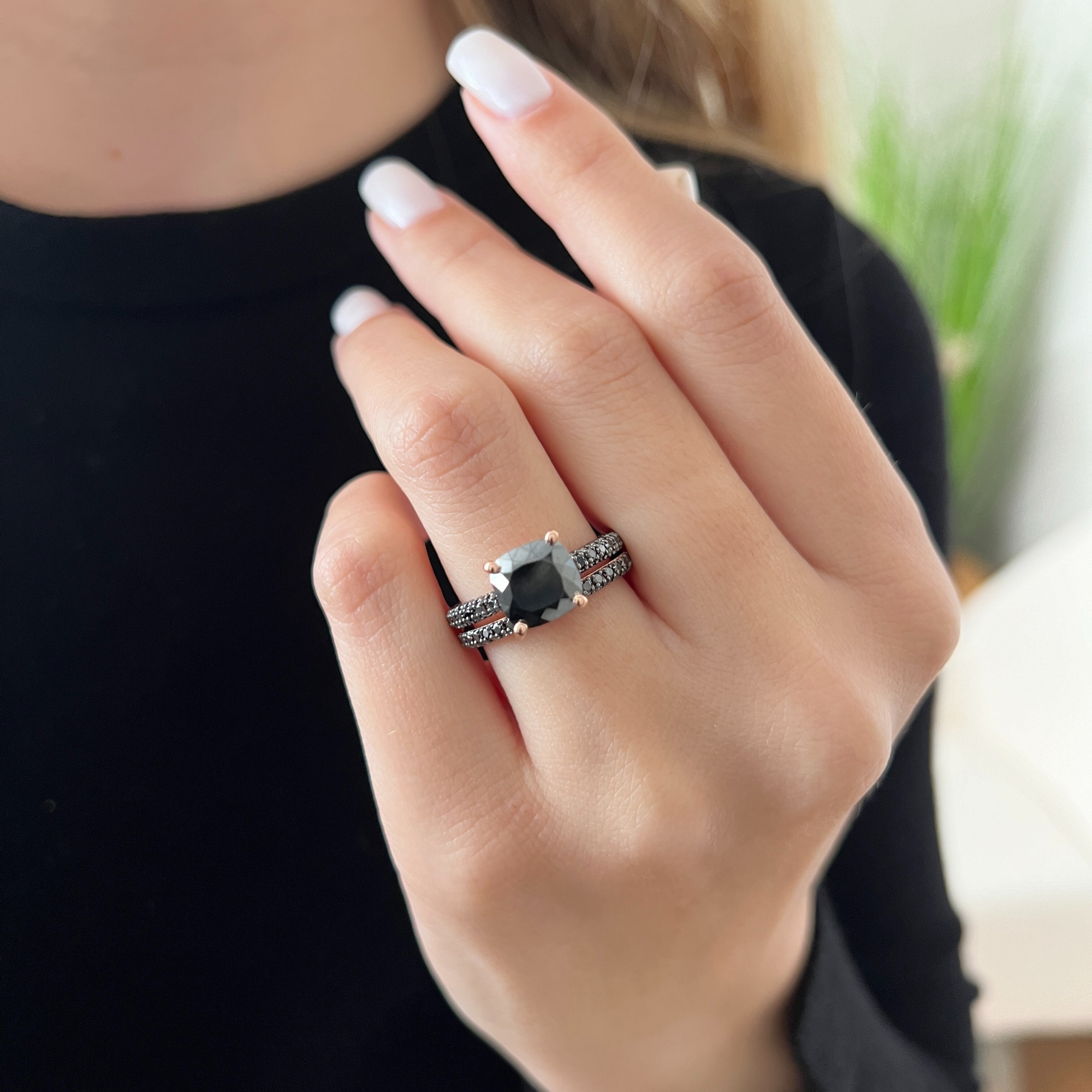 Monoceros - Pave 2-Sided Natural Black Diamond Engagement Ring in Yellow Gold