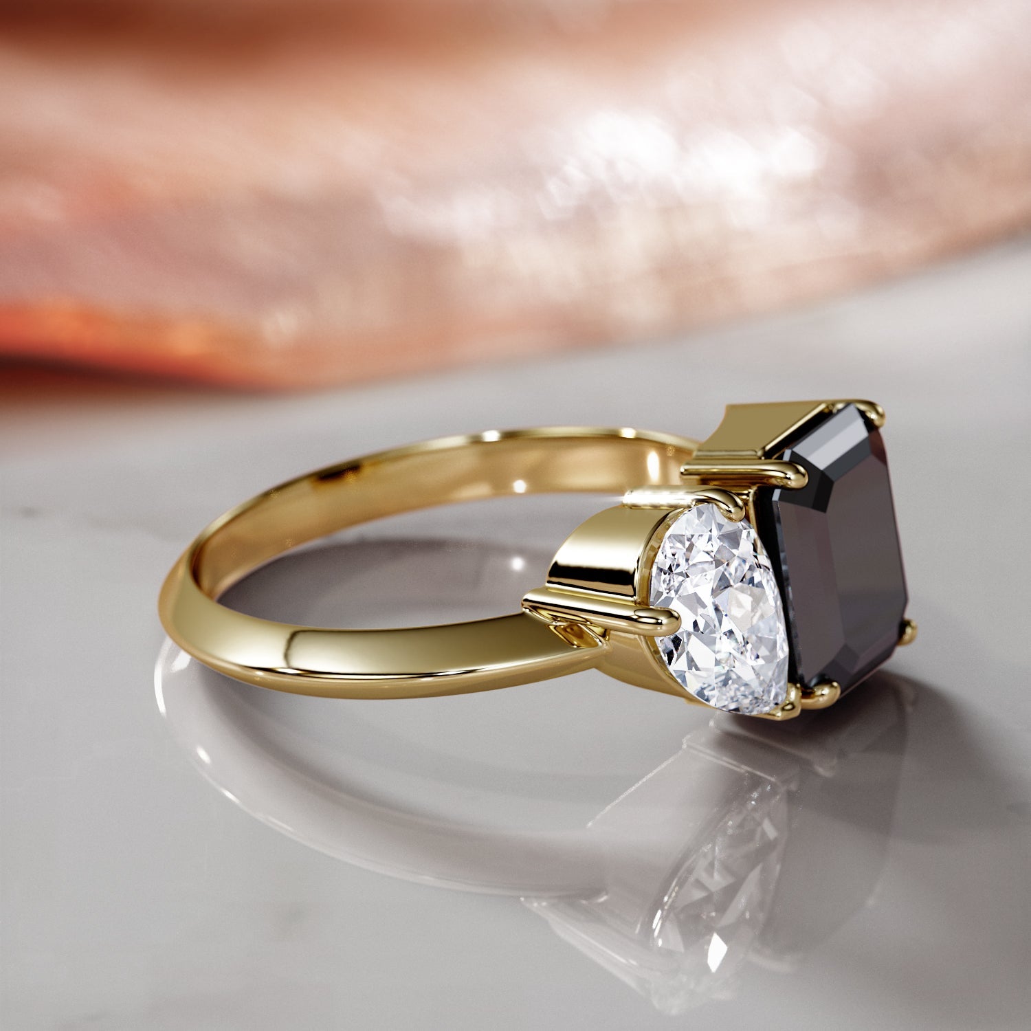 Neptune'S Moons - Two Stone Natural Black Diamond Emerald Cut Engagement Ring in Yellow Gold
