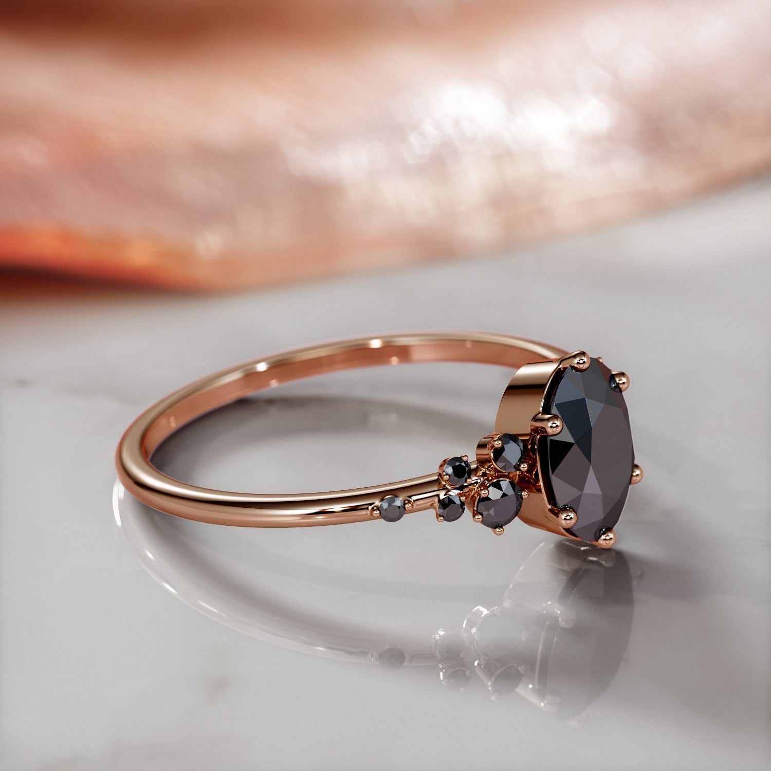 Cluster Natural Black Diamond Oval Engagement Ring in Rose Gold
