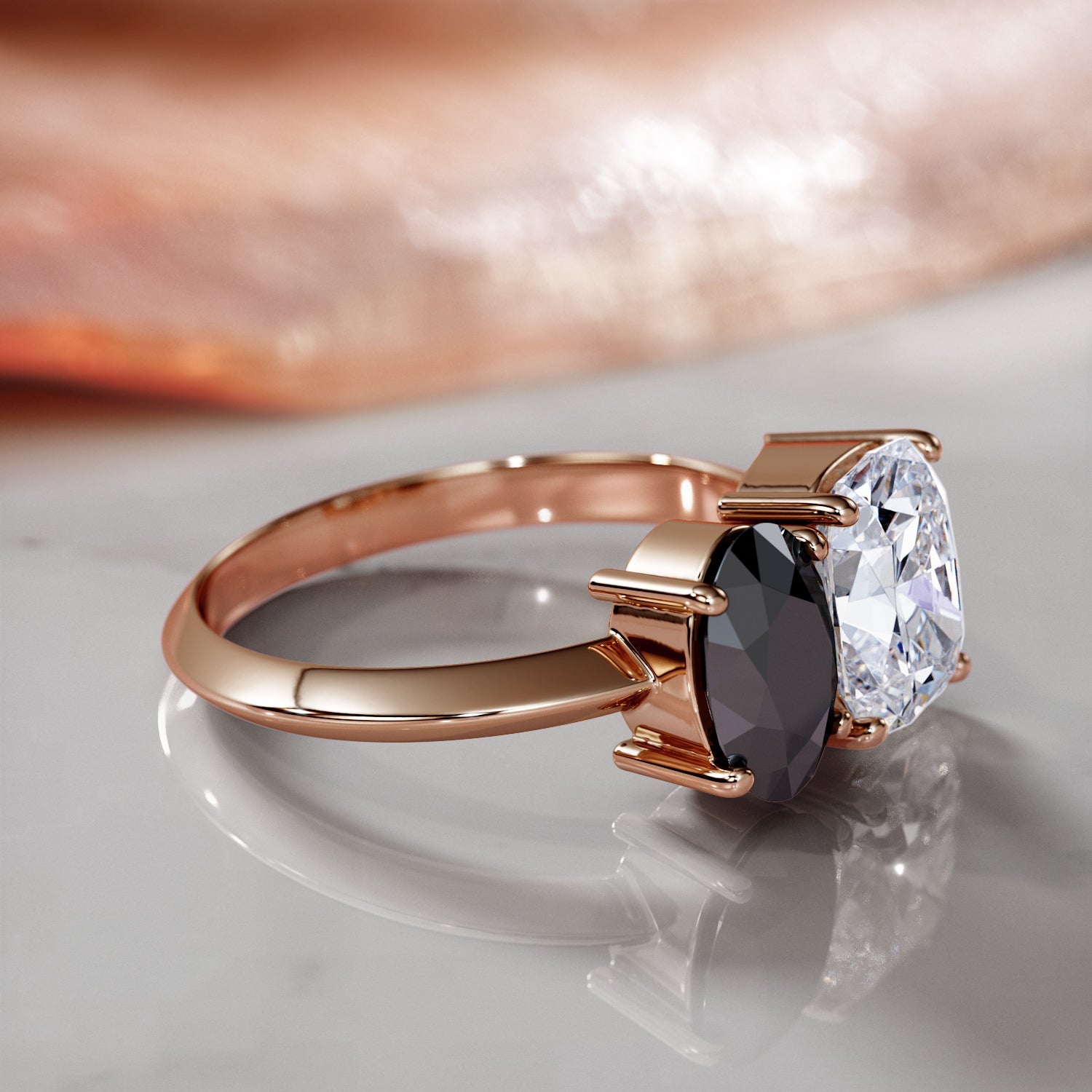 Two Stone Natural Black Diamond Oval Engagement Ring in Rose Gold