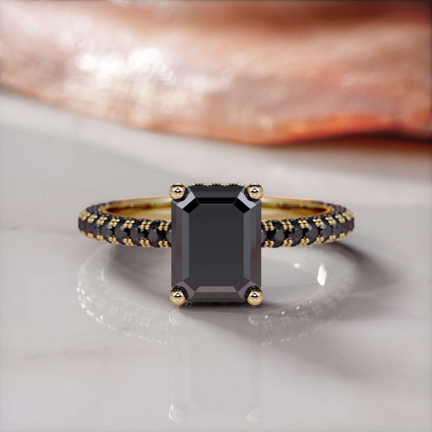 Black Diamond Natural Black Diamond Emerald Cut Engagement Ring in Yellow Gold