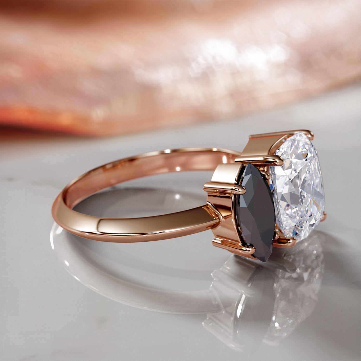 Two Stone Natural Black Diamond Marquise Engagement Ring in Rose Gold