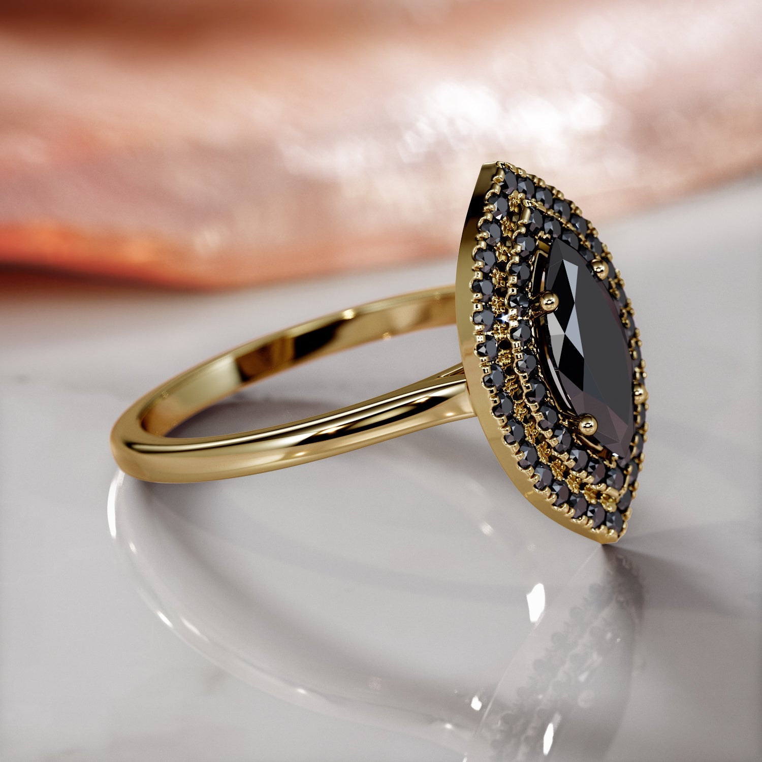 Double Halo Natural Black Diamond Marquis Engagement Ring in Yellow Gold