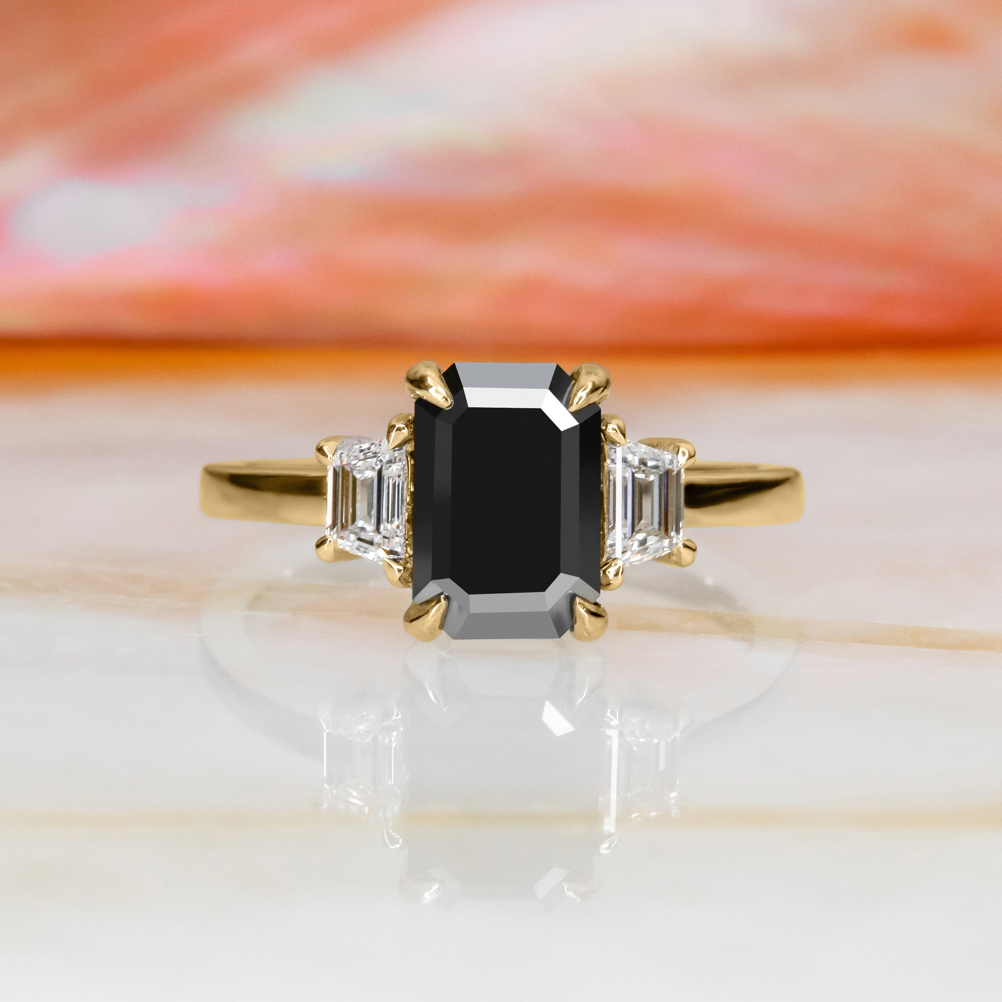Art Deco Black & White Natural Diamond Emerald Cut Engagement Ring
