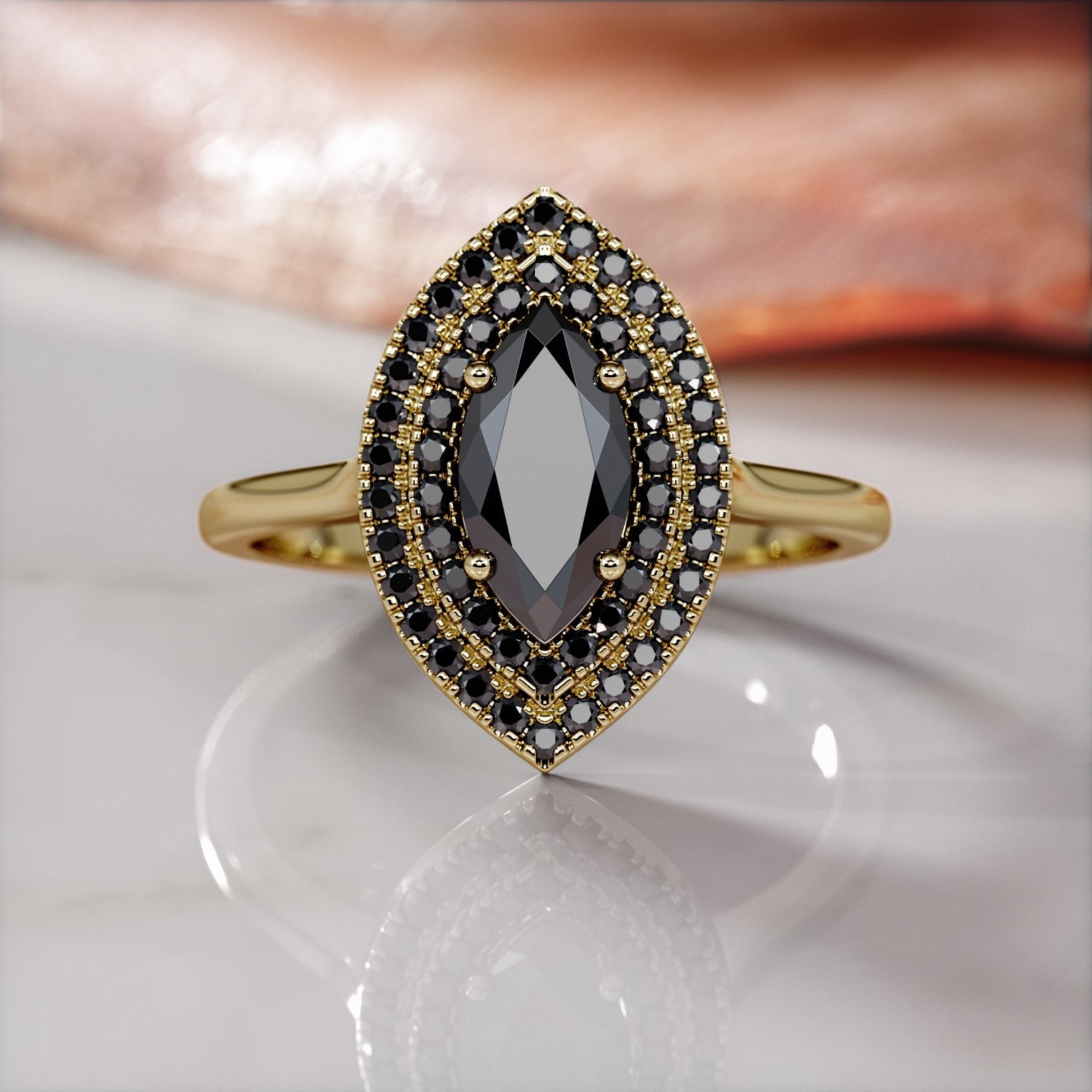 Double Halo Natural Black Diamond Marquis Engagement Ring in Yellow Gold