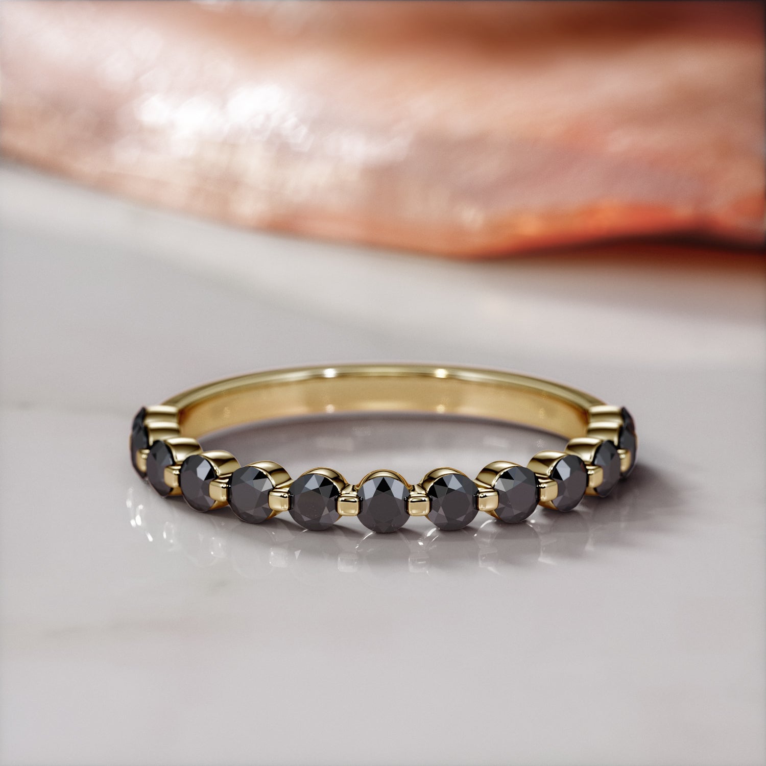 Half Eternity Natural Black Diamond Engagement Ring in Yellow Gold