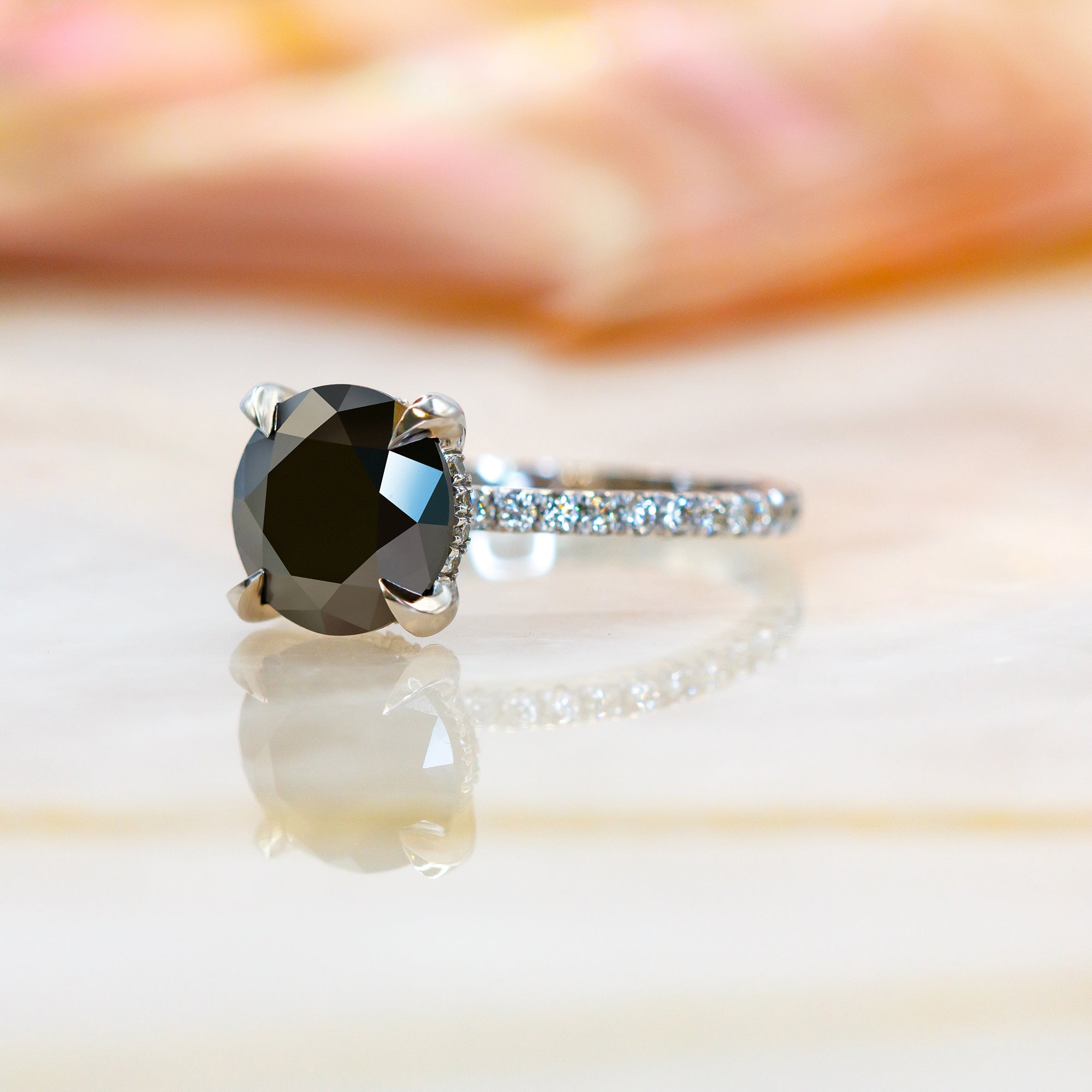 Black & White Natural Black Diamond Round Engagement Ring in White Gold