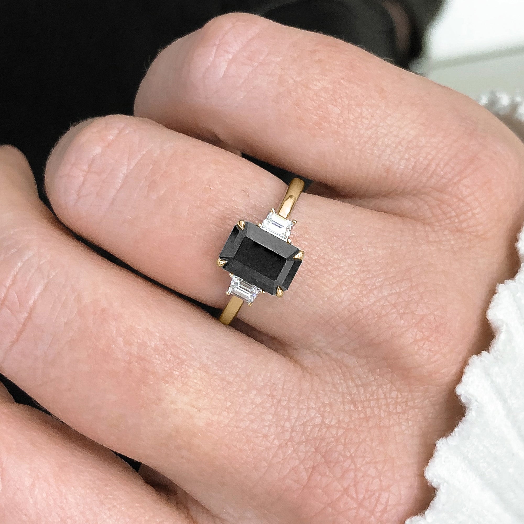 Art Deco Black & White Natural Diamond Emerald Cut Engagement Ring