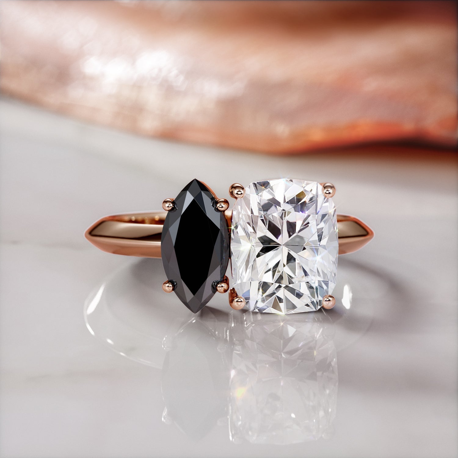 Two Stone Natural Black Diamond Marquise Engagement Ring in Rose Gold