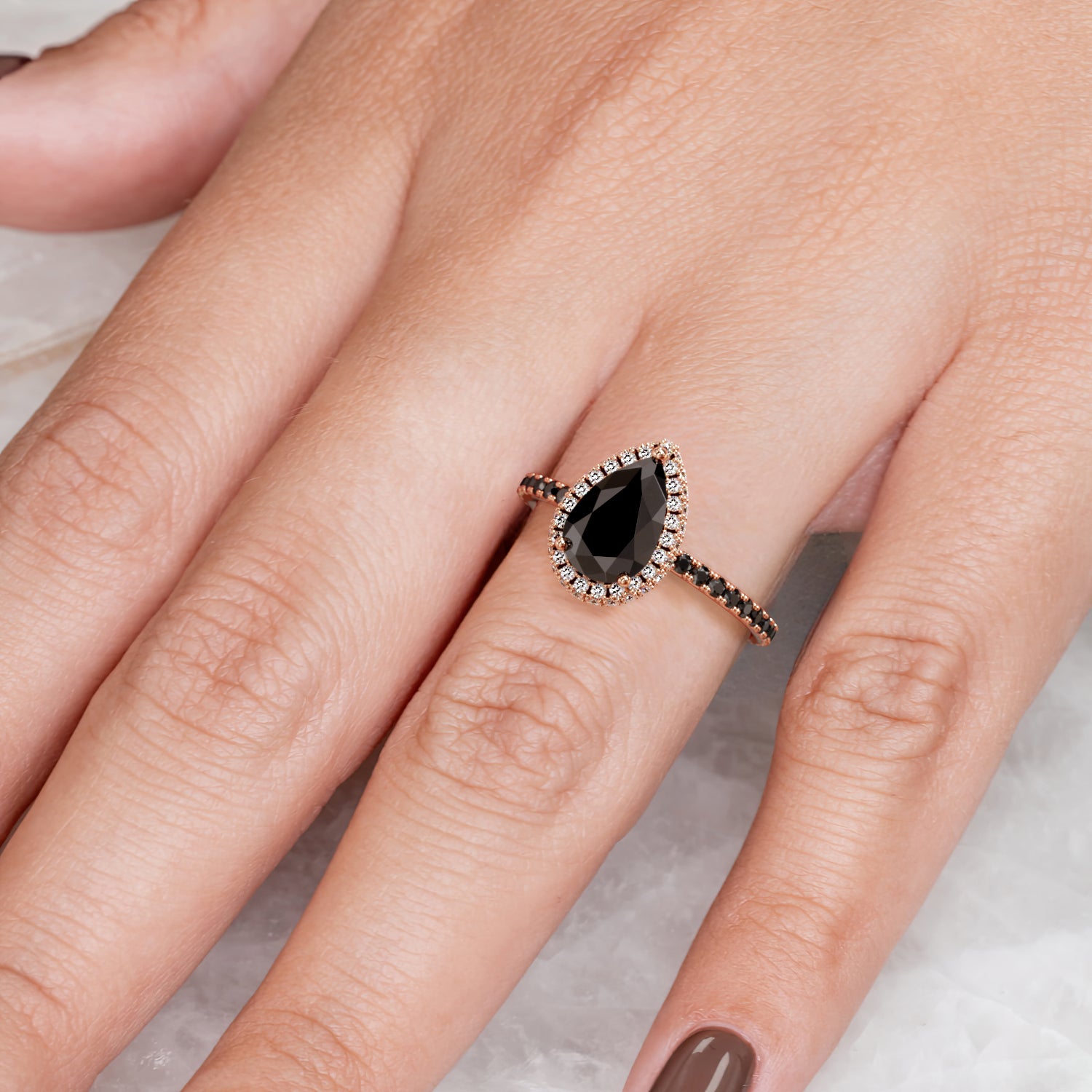 Double Halo Natural Black Diamond Pear Engagement Ring
