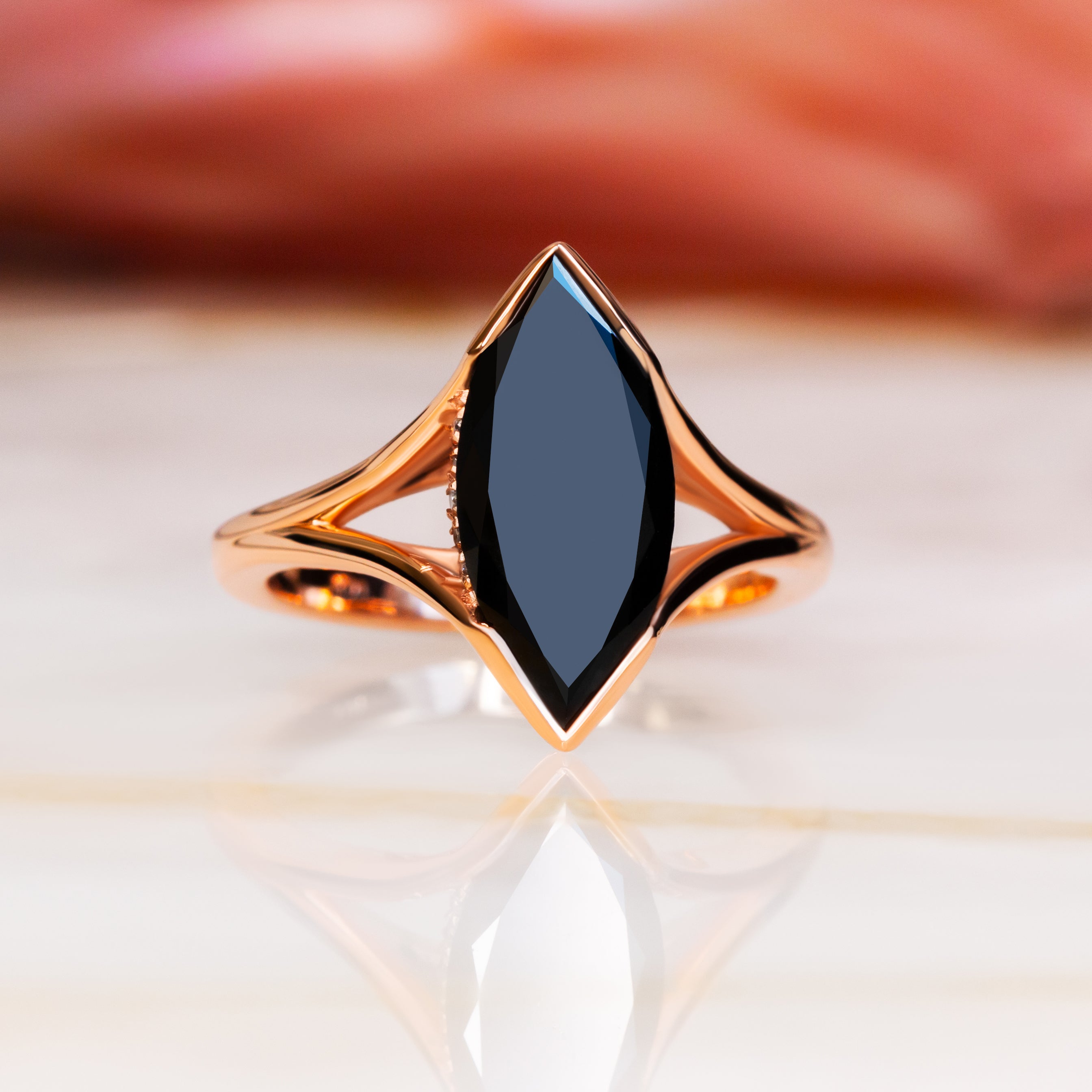 Art Deco Natural Black Diamond Marquise Engagement Ring in Rose Gold