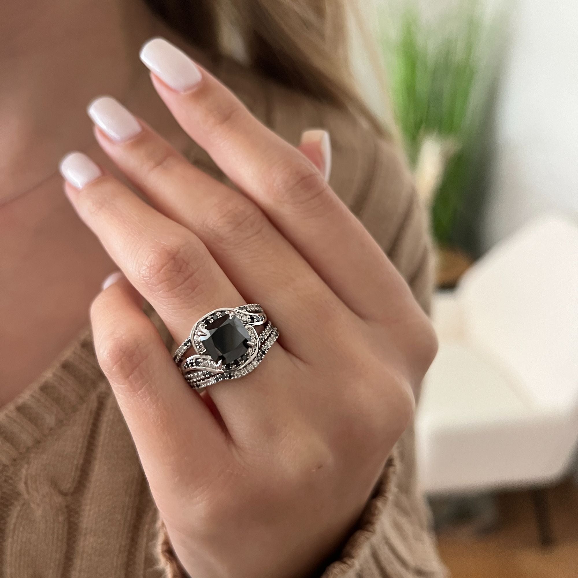 Black & White Natural Black Diamond Cushion Engagement Ring in White Gold