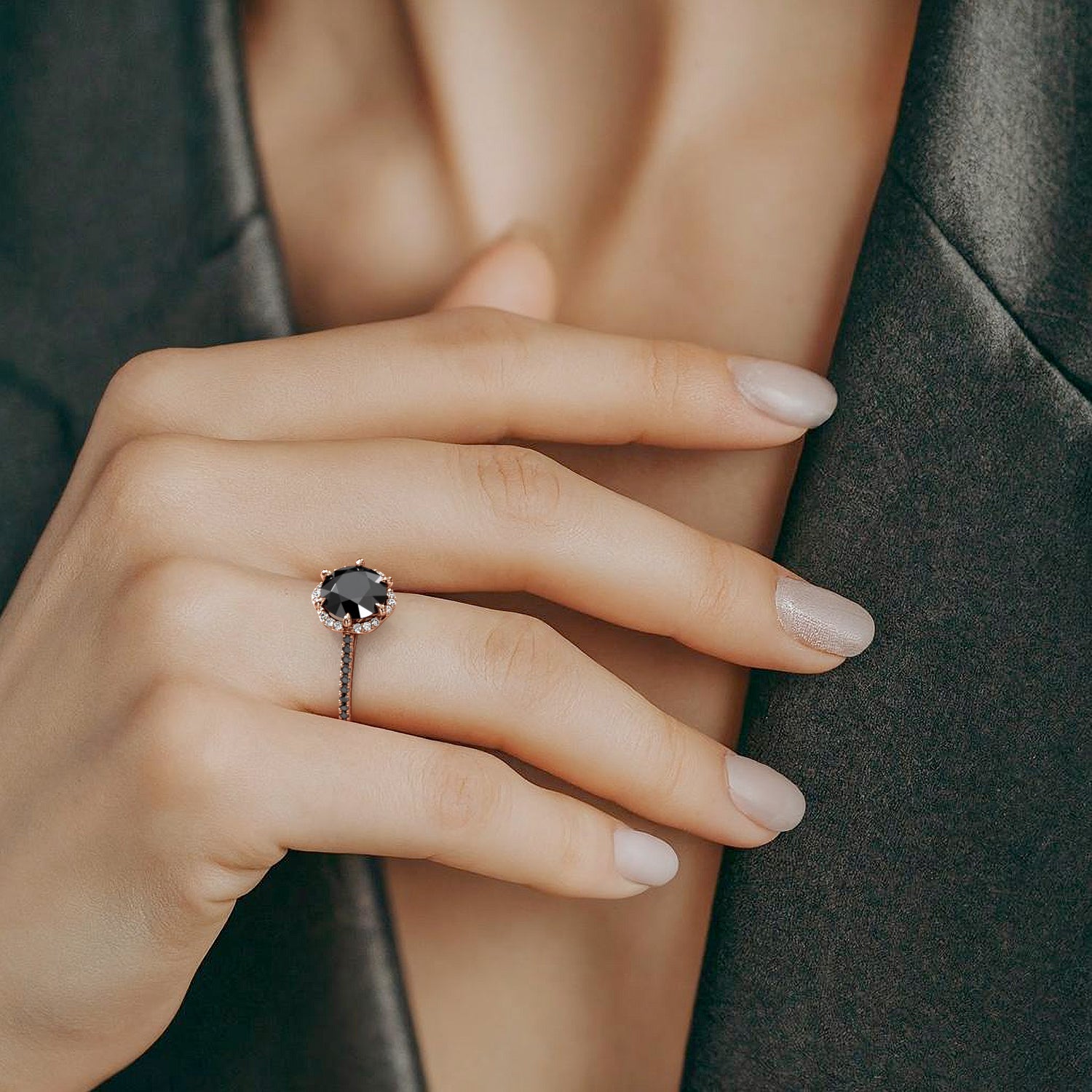 Vintage Natural Black Diamond Round Engagement Ring