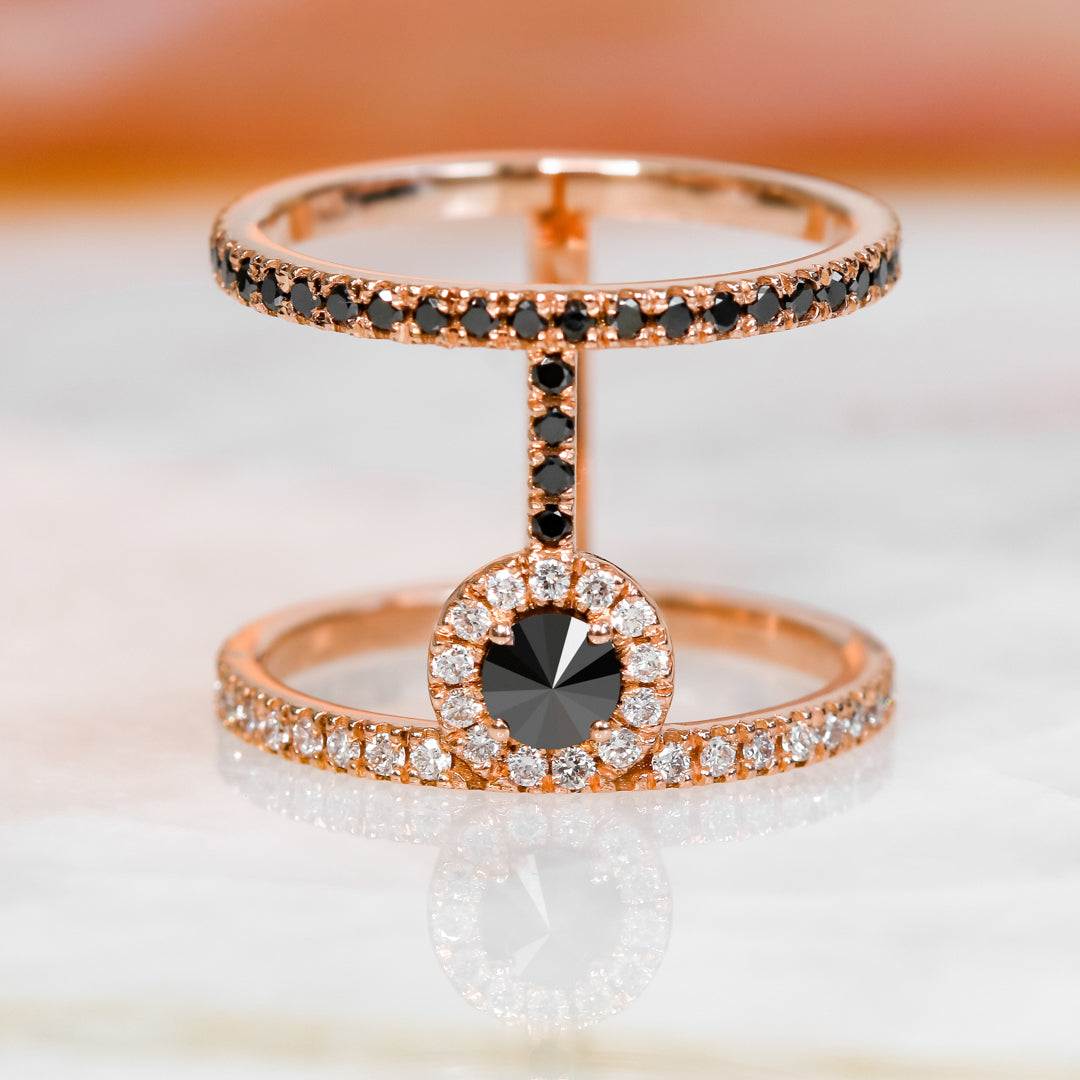 Unique Natural Black & White Round Diamond Ring in Rose Gold
