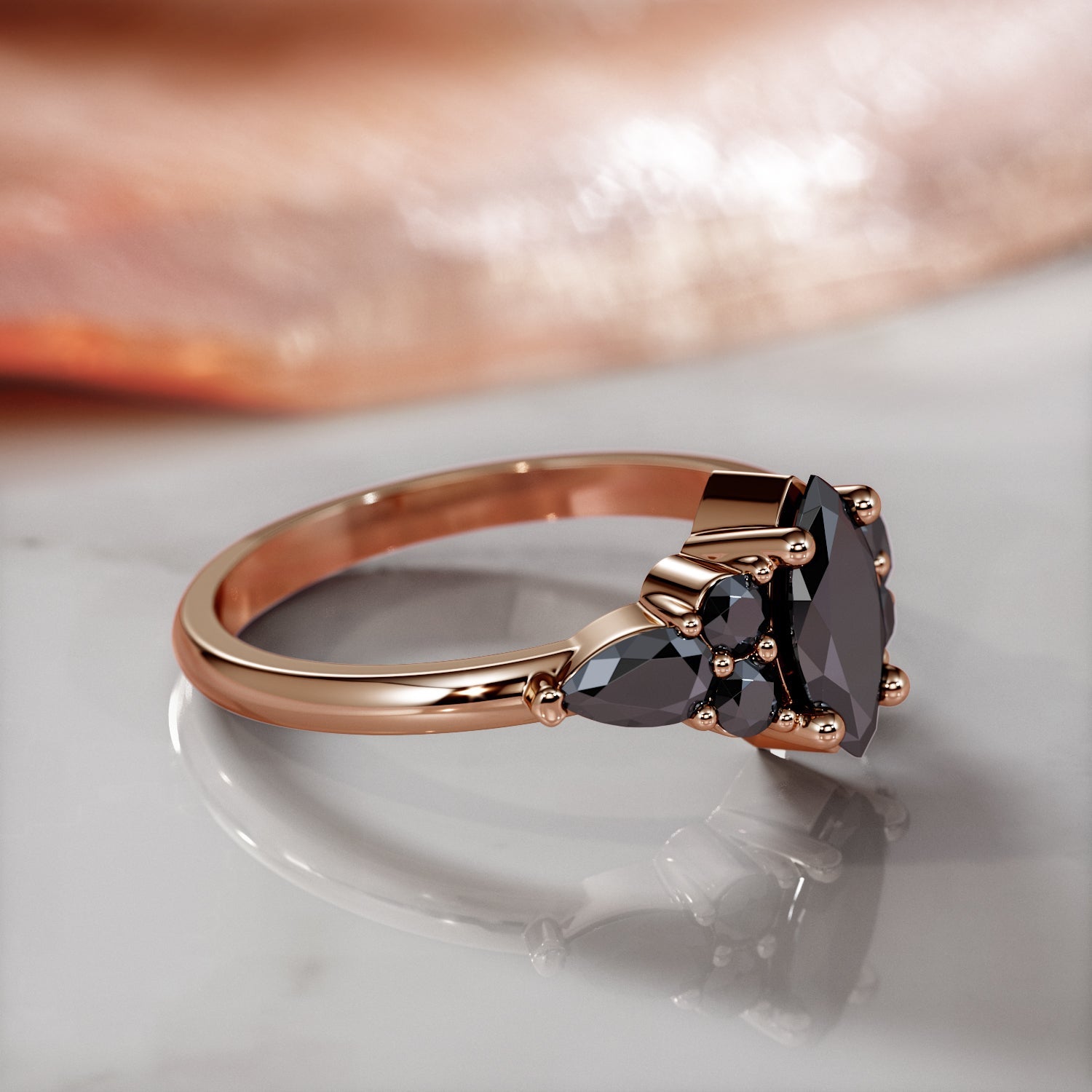 Art Deco Natural Black Diamond Marquise Engagement Ring in Rose Gold