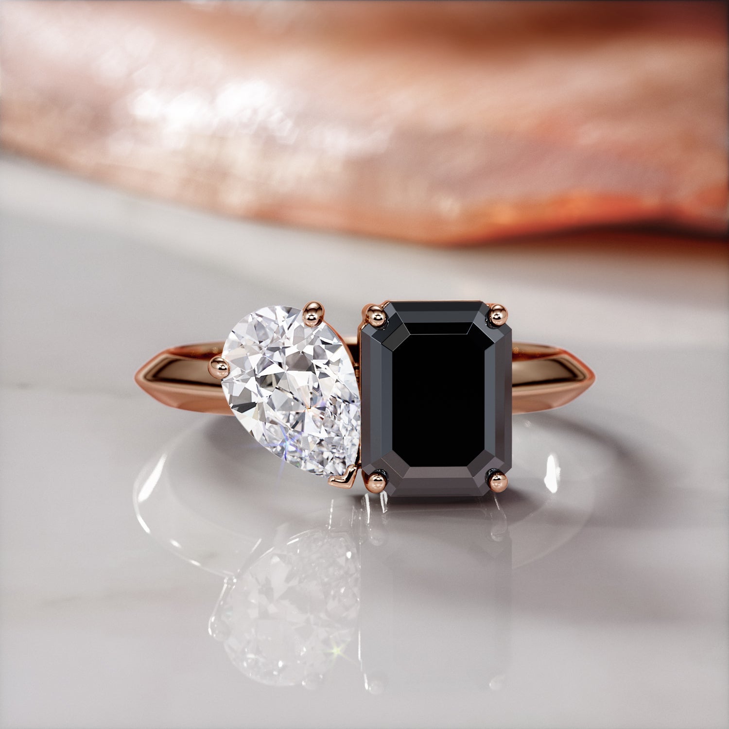 Two Stone Natural Black Diamond Emerald Cut Engagement Ring in Rose Gold