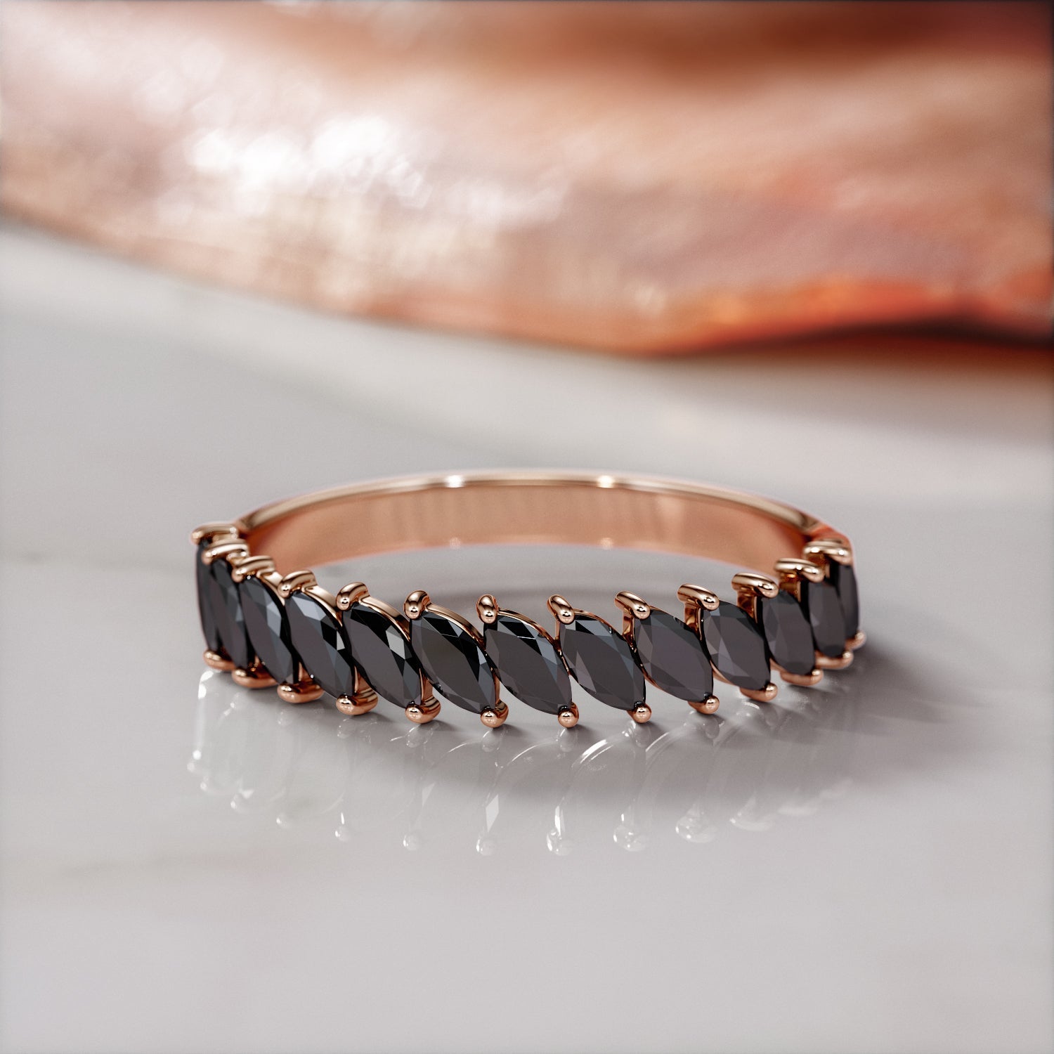 Oriented Natural Black Diamond Wedding Band in Rose Gold