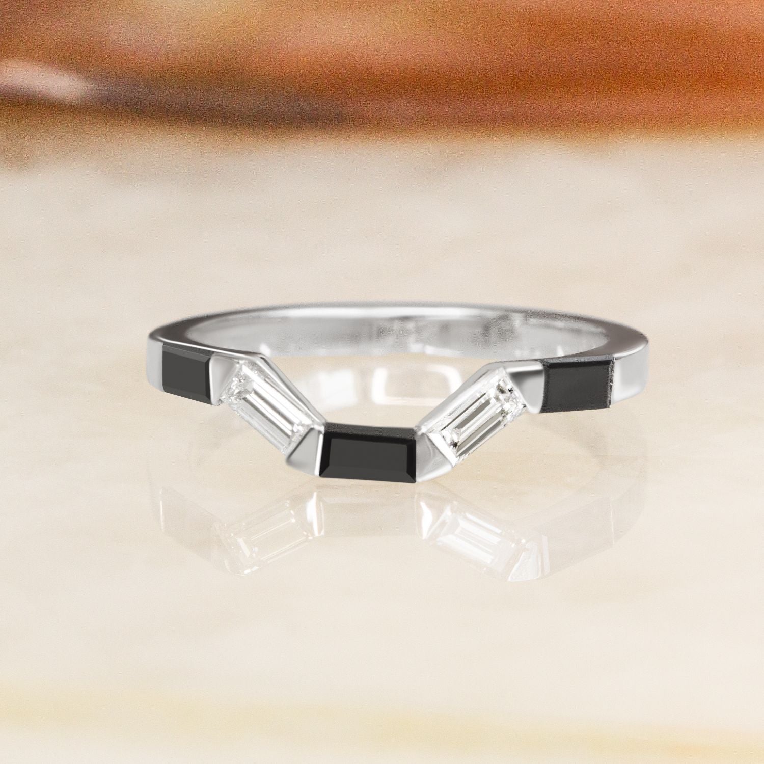 White Light - Trapezed Natural Black Diamond Ring Set With Baguette Cut Diamonds