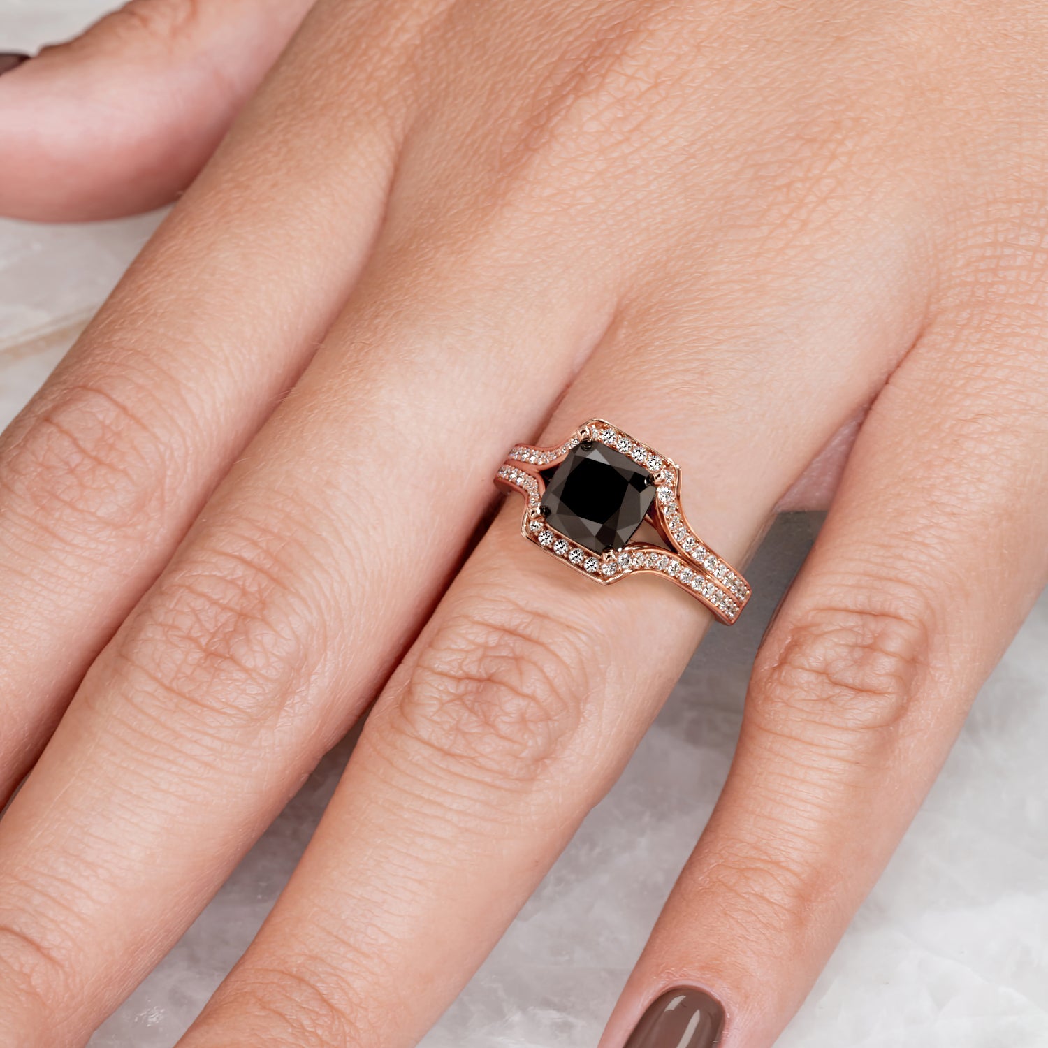 Deco Natural Black Diamond Cushion Engagement Ring