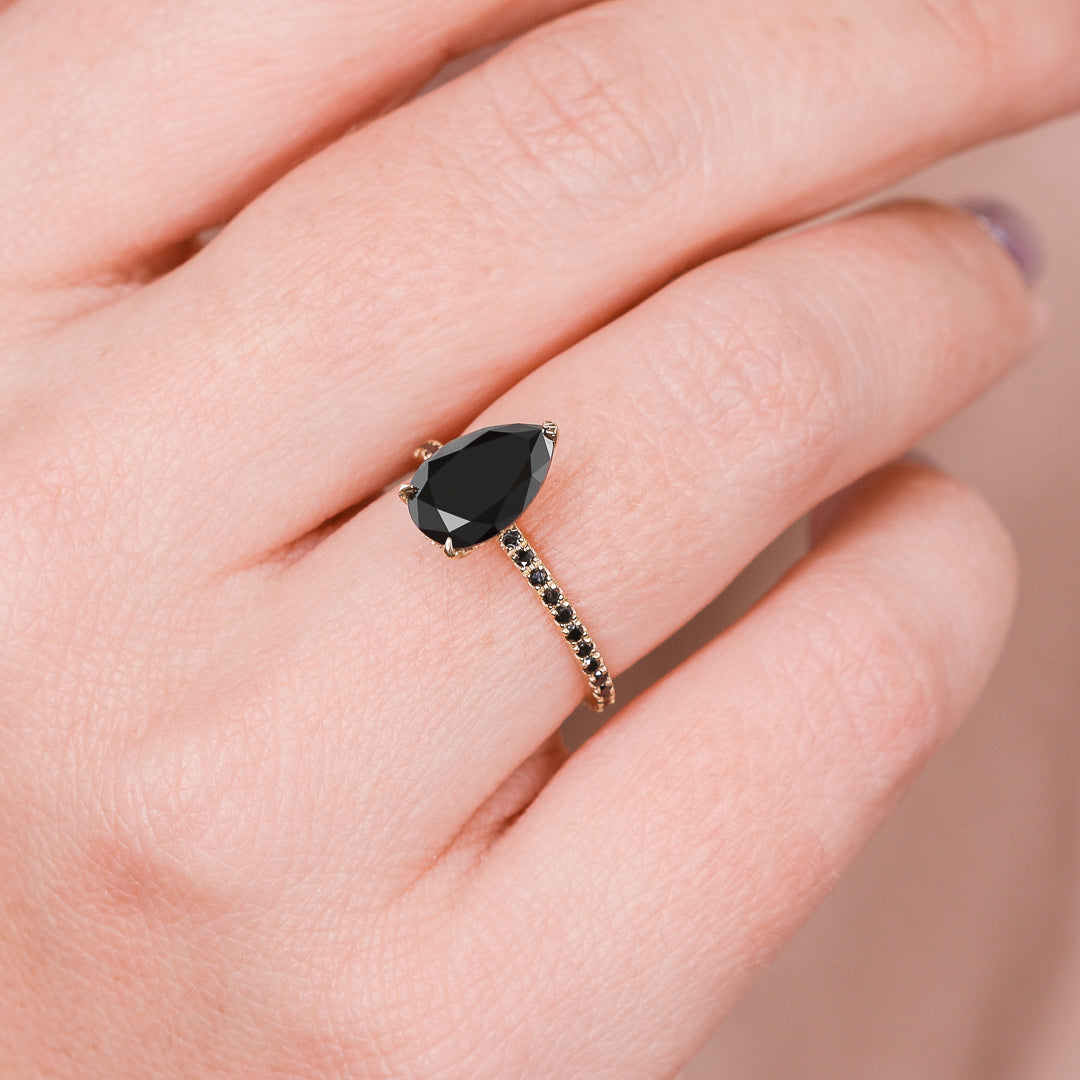 Unique Natural Black Diamond Pear Engagement Ring