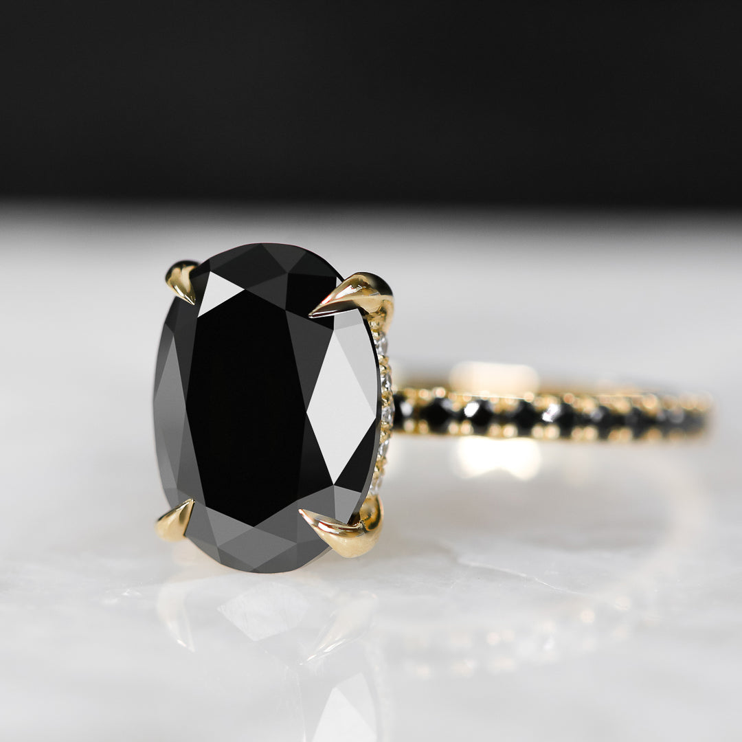 Black & White Natural Black Diamond Oval Cut Engagement Ring