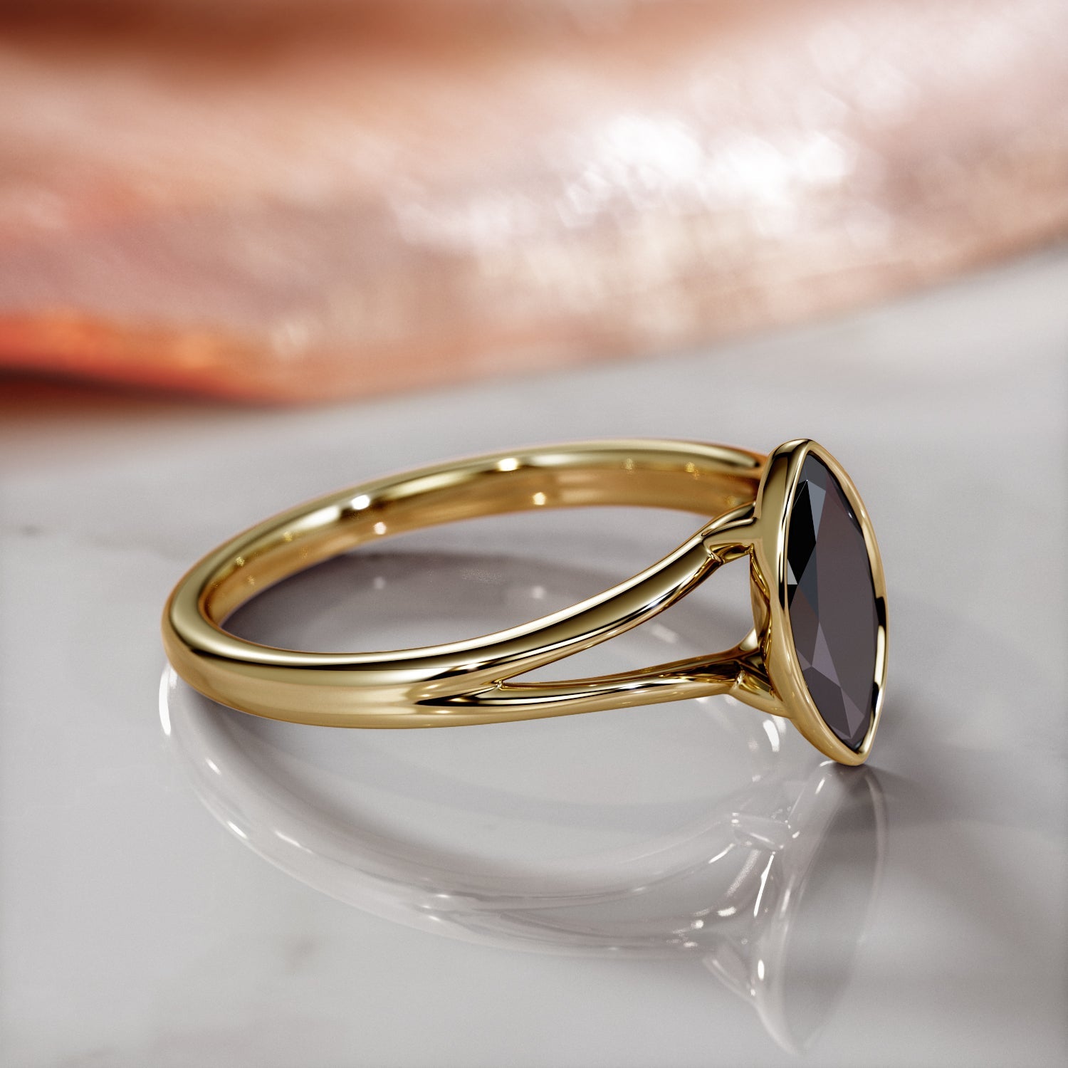 Curva Scura - Bezel Natural Black Diamond Marquis Engagement Ring in Yellow Gold