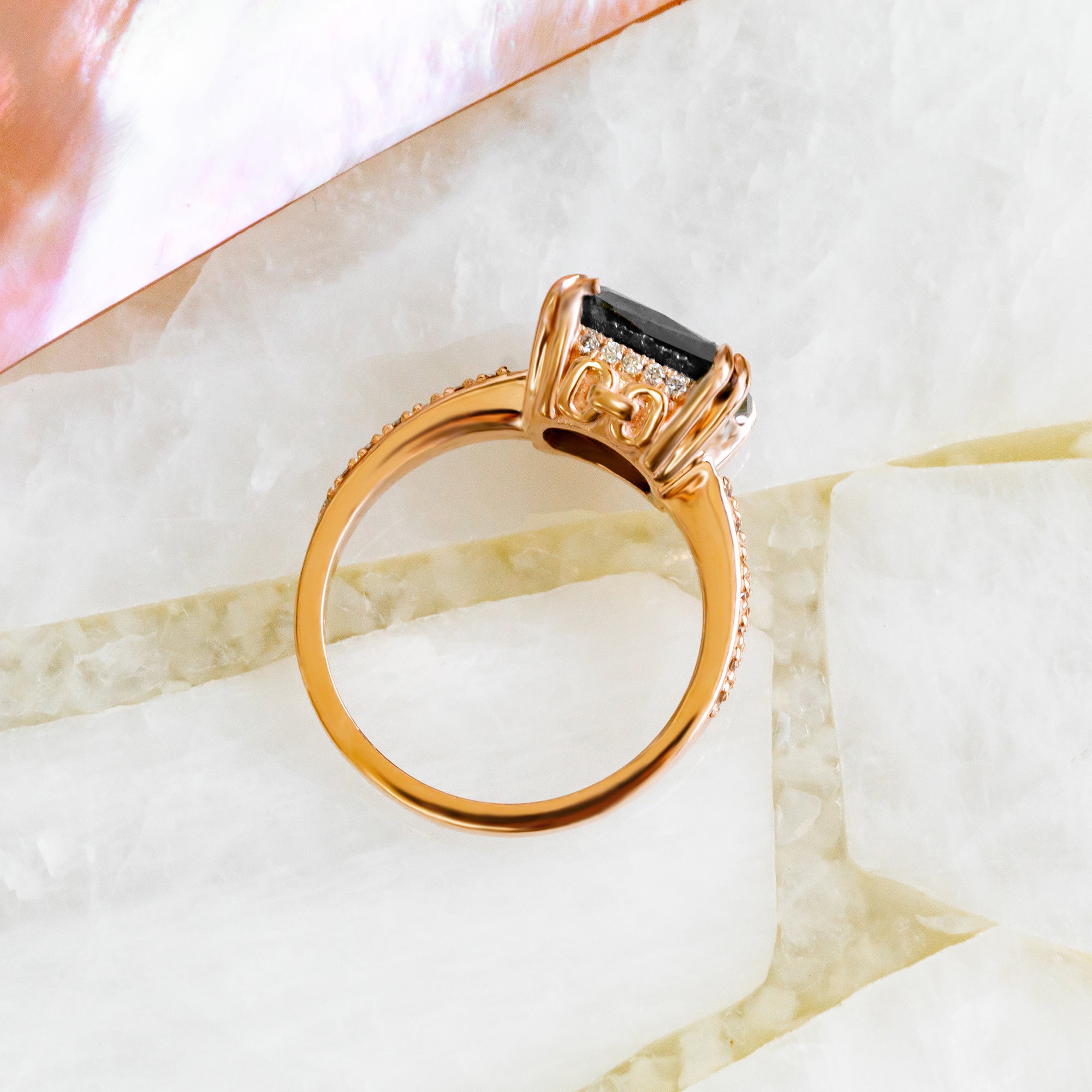 Art Deco Natural Black Diamond Cushion Engagement Ring