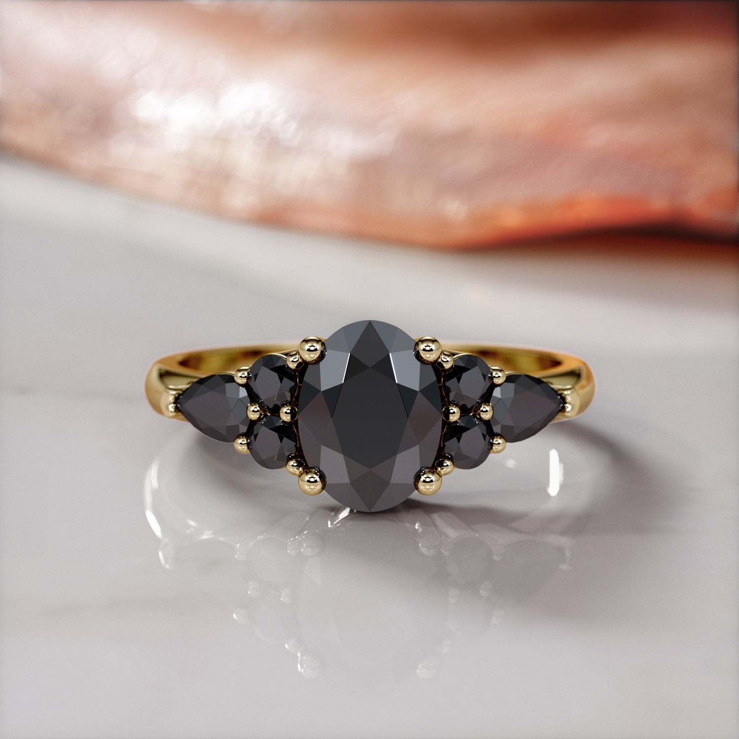 Art Deco Natural Black Diamond Oval Engagement Ring in Yellow Gold