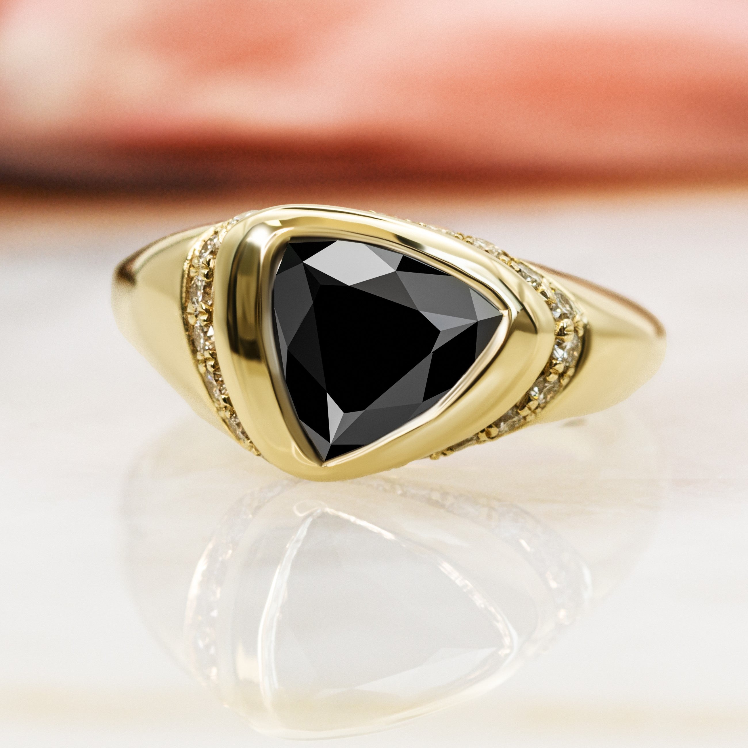 Oriented Natural Black Diamond Triangle Engagement Ring