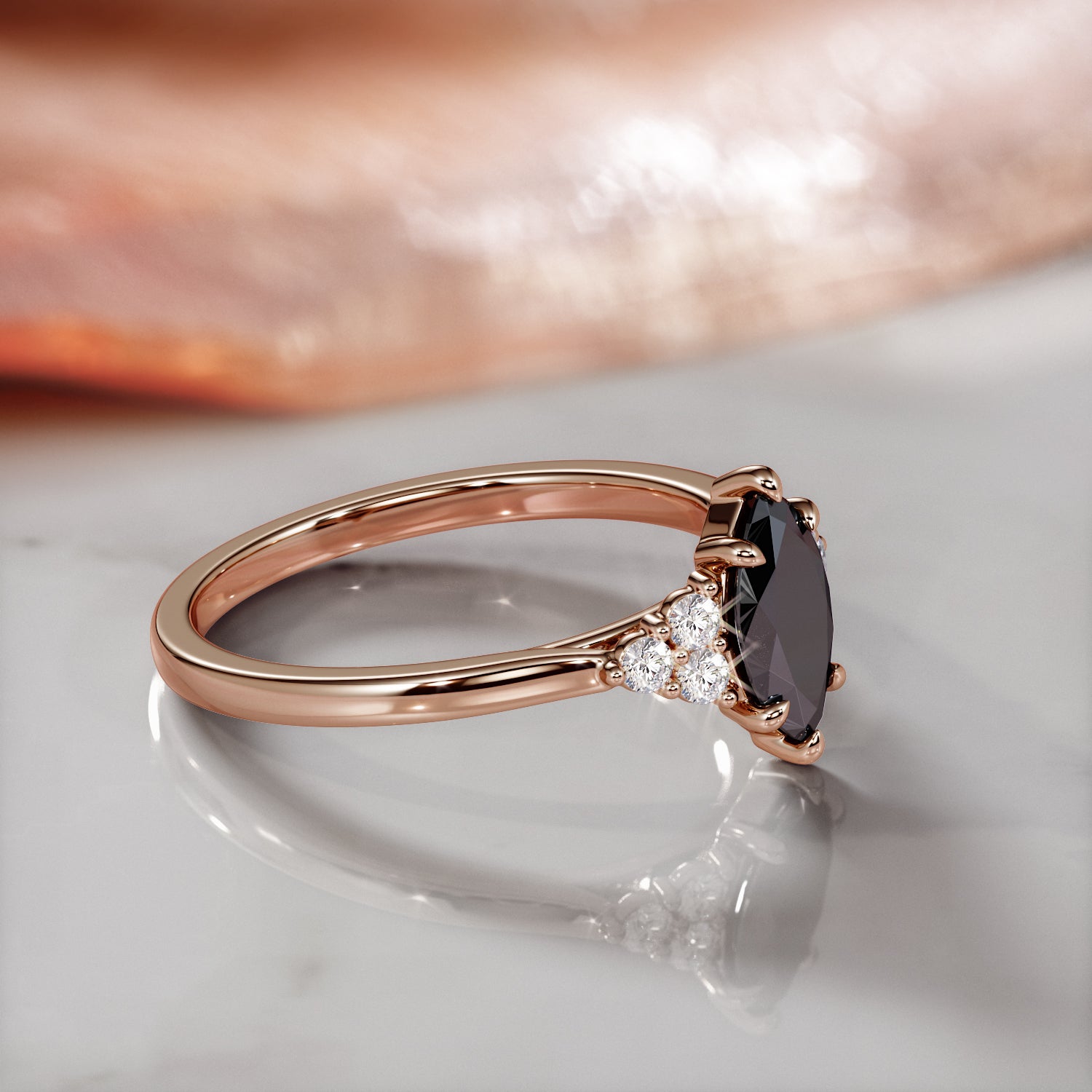 Art-Deco Natural Black Diamond Marquise Engagement Ring