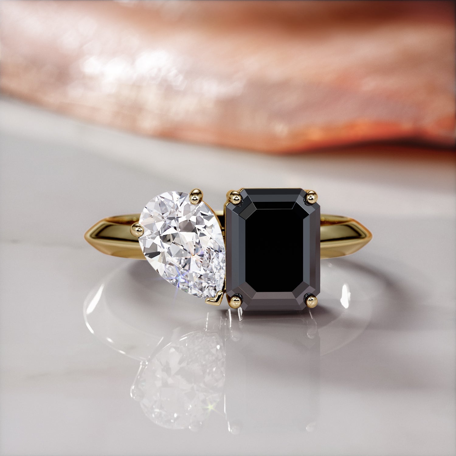 Two Stone Natural Black Diamond Emerald Cut Engagement Ring in Yellow Gold