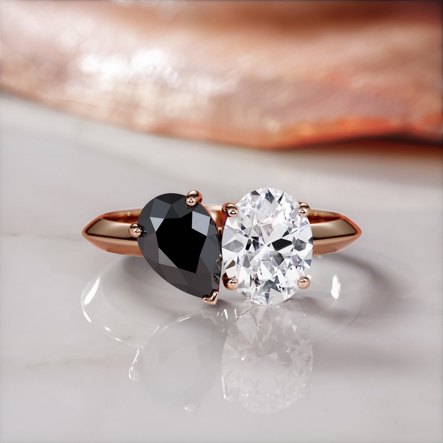 Two Stone Natural Black Diamond Pear Engagement Ring in Rose Gold