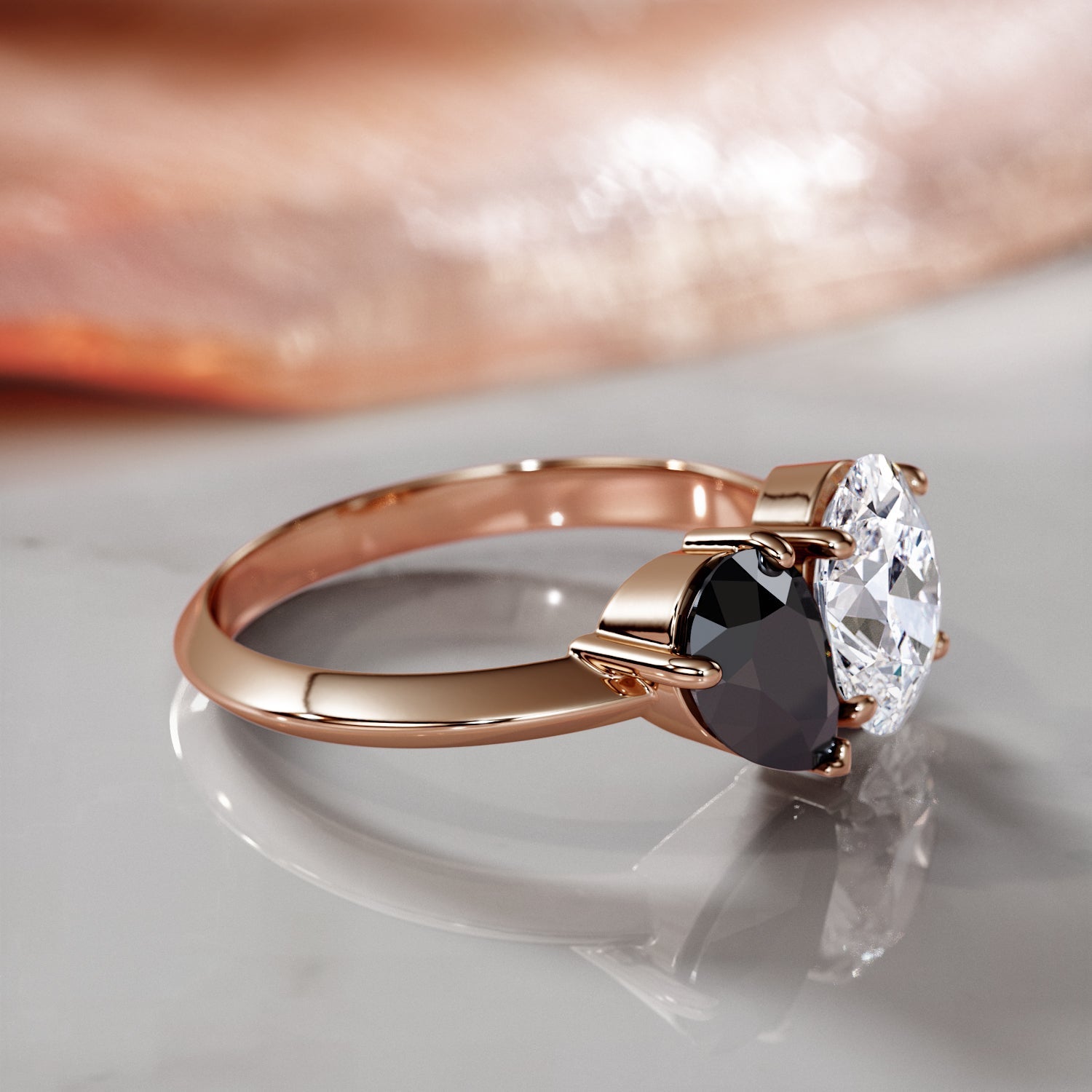 Two Stone Natural Black Diamond Pear Engagement Ring in Rose Gold