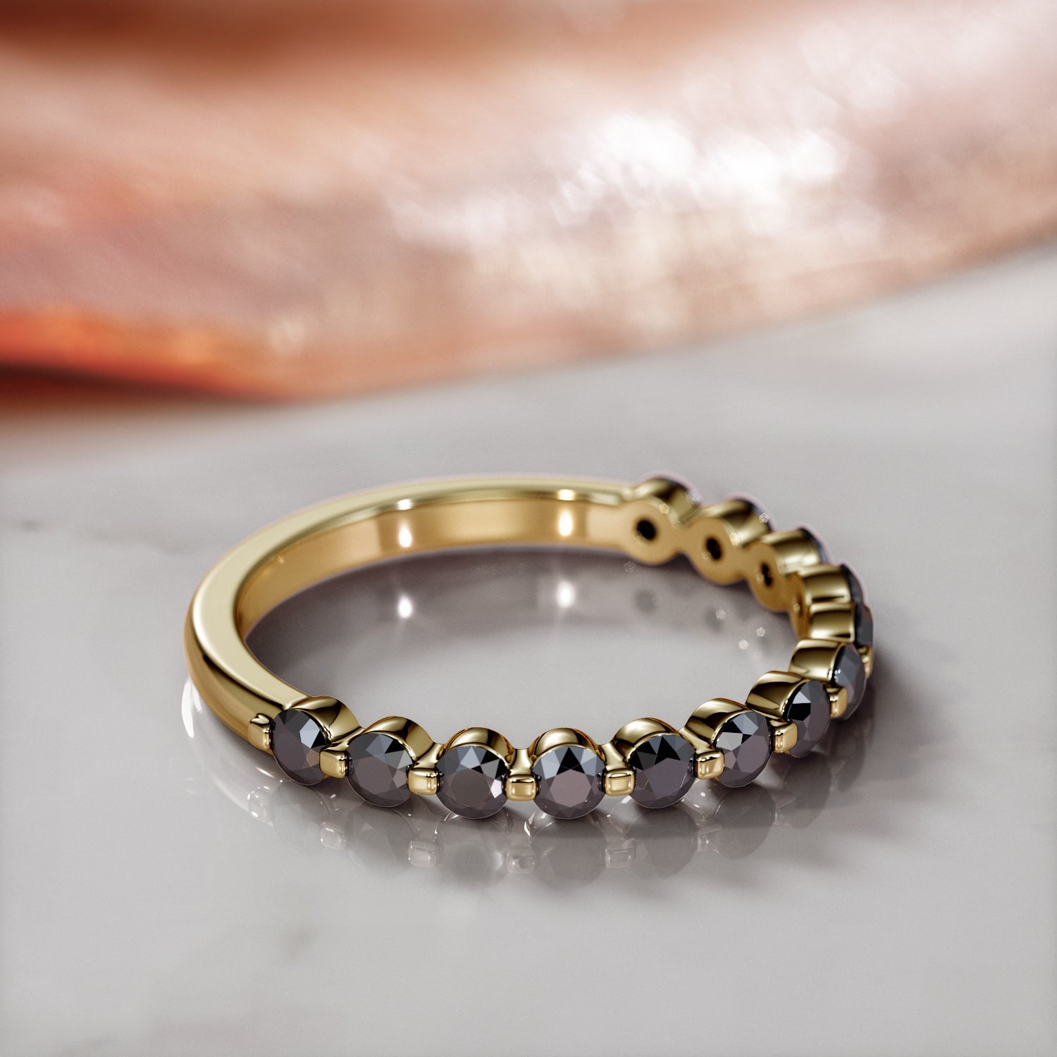 Half Eternity Natural Black Diamond Engagement Ring in Yellow Gold
