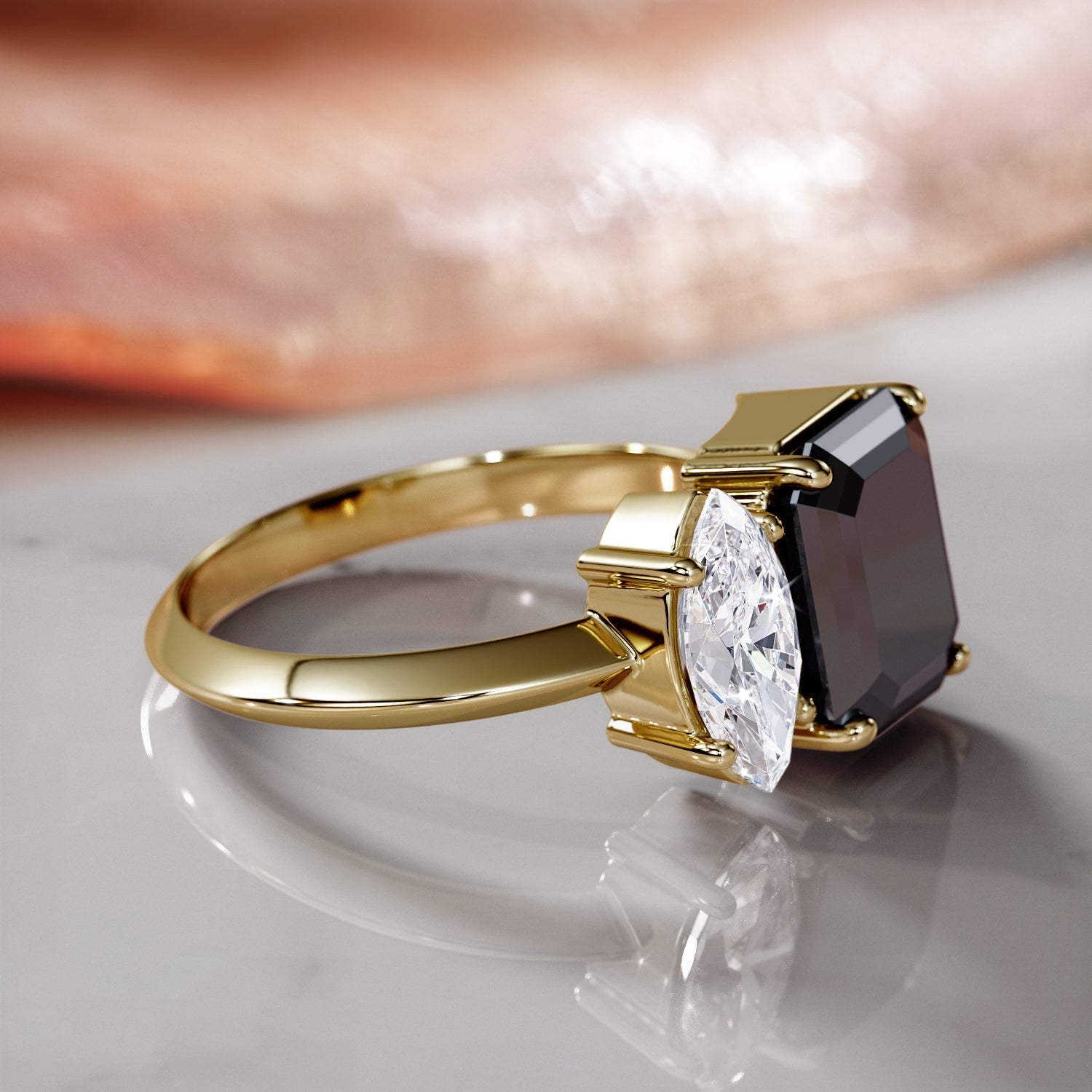 Two Stone Natural Black Diamond Emerald Engagement Ring in Yellow Gold