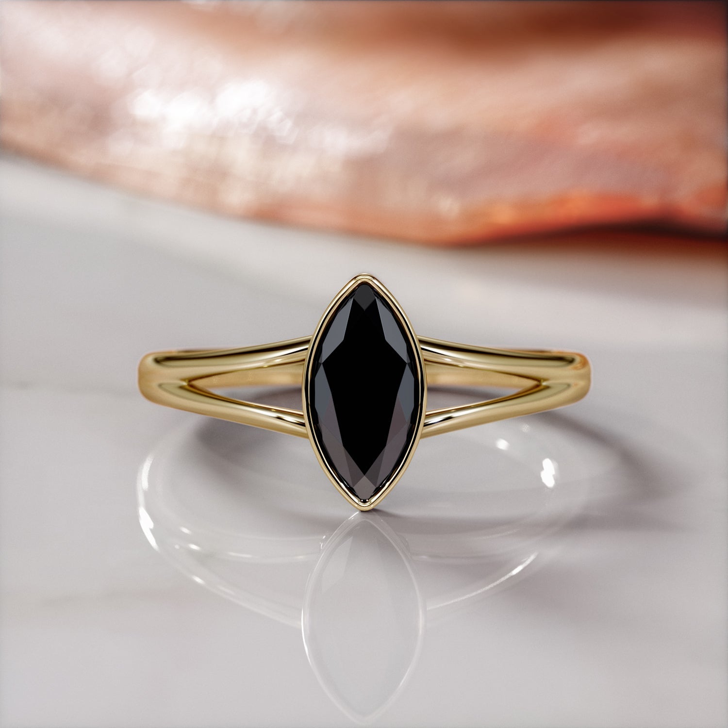 Curva Scura - Bezel Natural Black Diamond Marquis Engagement Ring in Yellow Gold