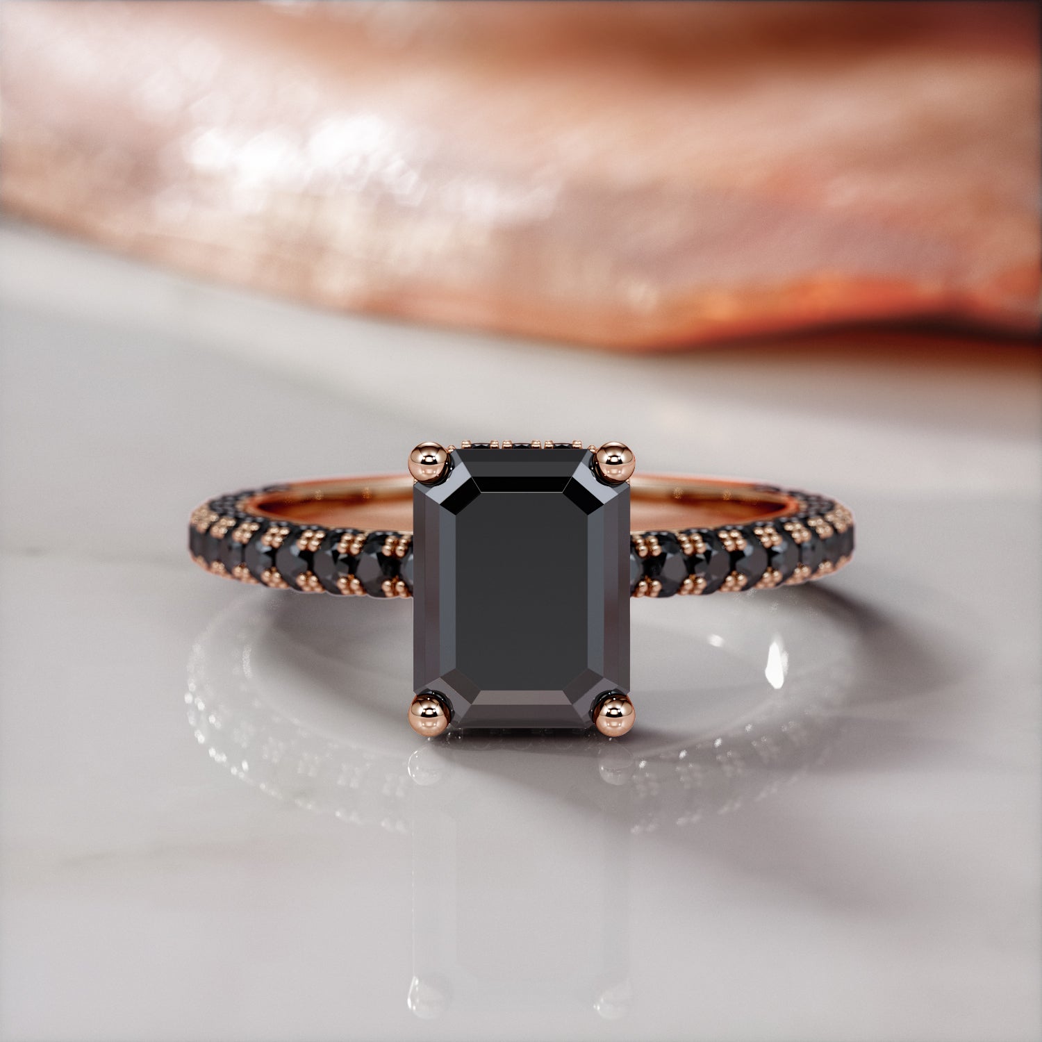 Oscura Magia - Black Diamond Natural Black Diamond Emerald Cut Engagement Ring in Rose Gold