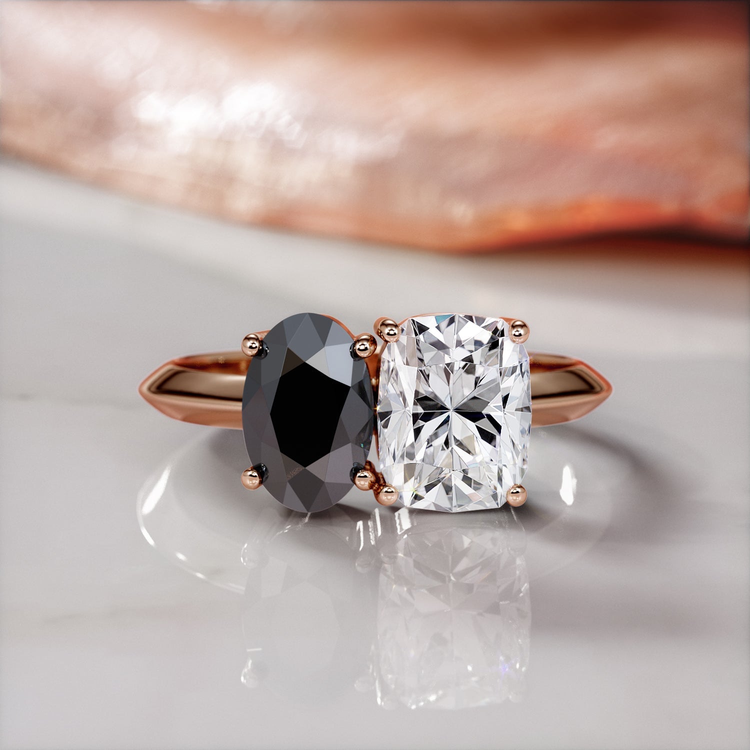 Two Stone Natural Black Diamond Oval Engagement Ring in Rose Gold